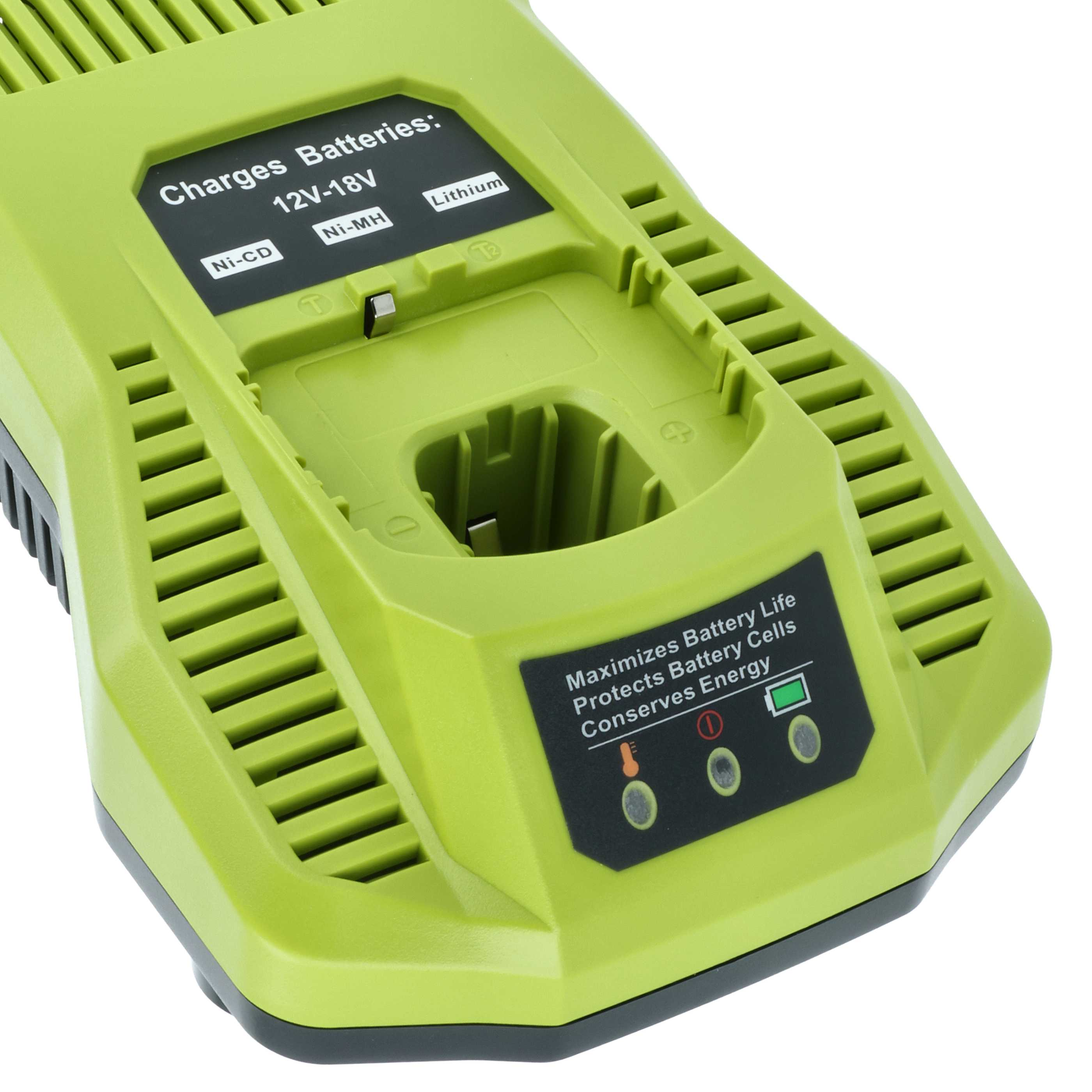 Ein grünes Batterieladegerät mit Aufschriften wie 'Lithium' und '12V-18V'. Es hat Kontrollleuchten und einen Batterieschacht.