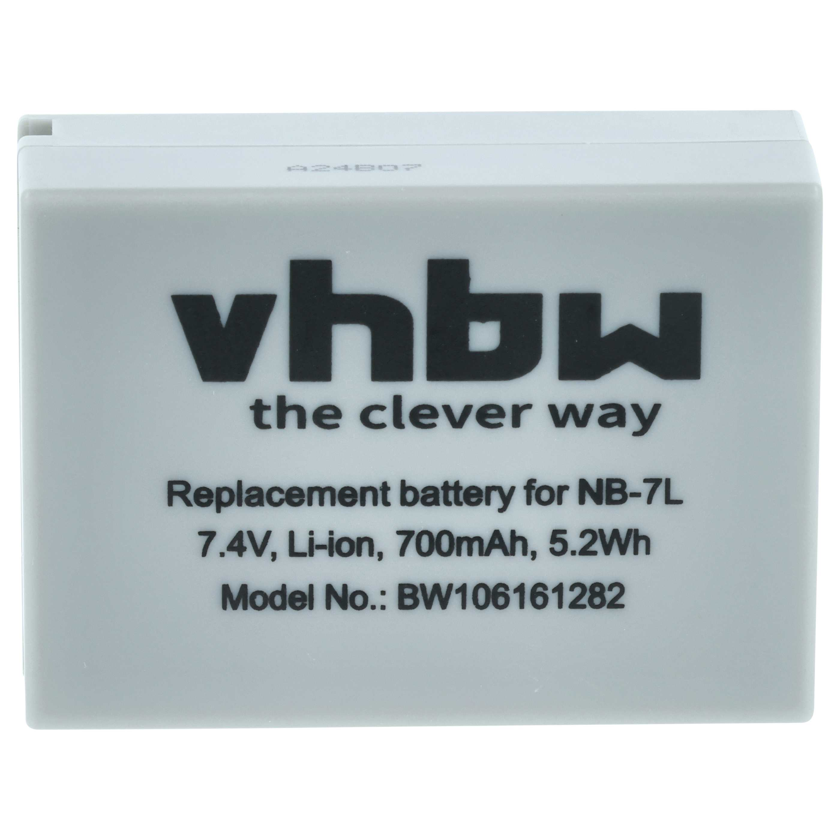 Ein weißer vhbw-Akku für NB-7L. Er hat schwarzen Text mit Modellnummer und Spezifikationen.