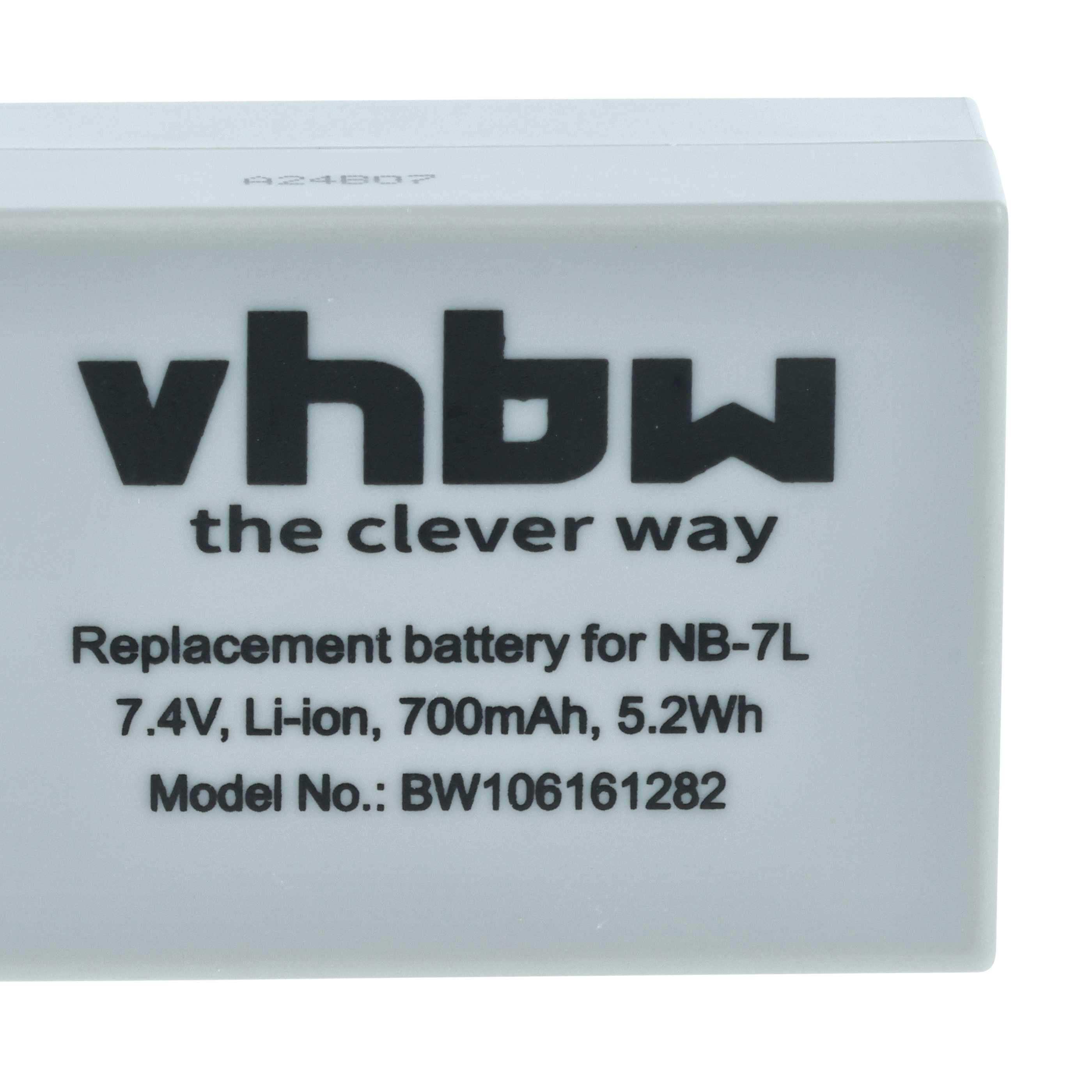 Eine weiße Batteriekiste mit schwarzem Text. Es steht vhbw, Ersatzbatterie, 7,4 V Li-Ion und Modell-Nr.: BW106161282.