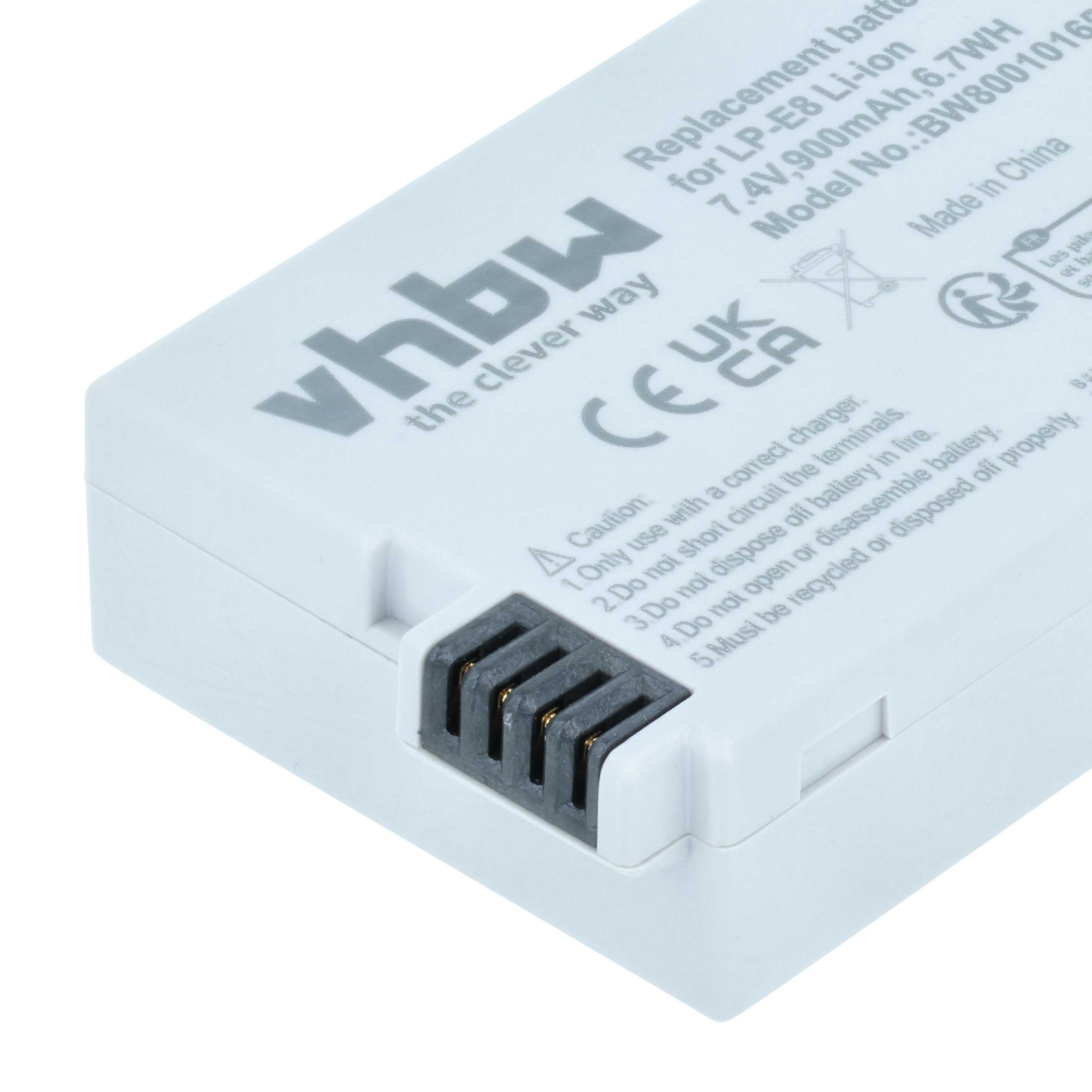 Ein weißer Akku mit Text und einem schwarzen Stecker. Text sagt vhbw, Ersatzbatterie und Made in China.