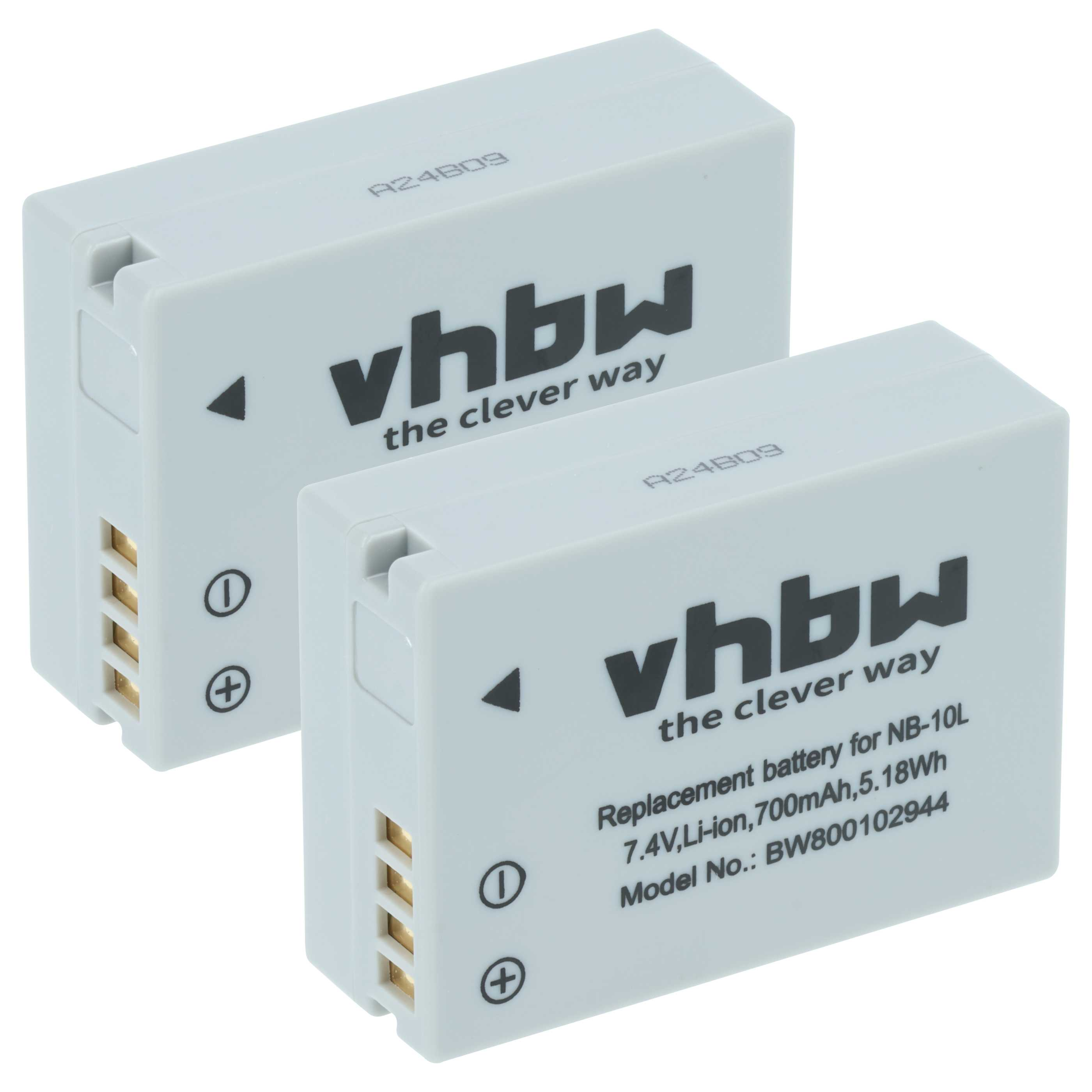 Zwei weiße Batterien mit schwarzem Text. Der Text enthält 'vhbw the clever way' und Spezifikationen. Plus- und Minuszeichen sind sichtbar.