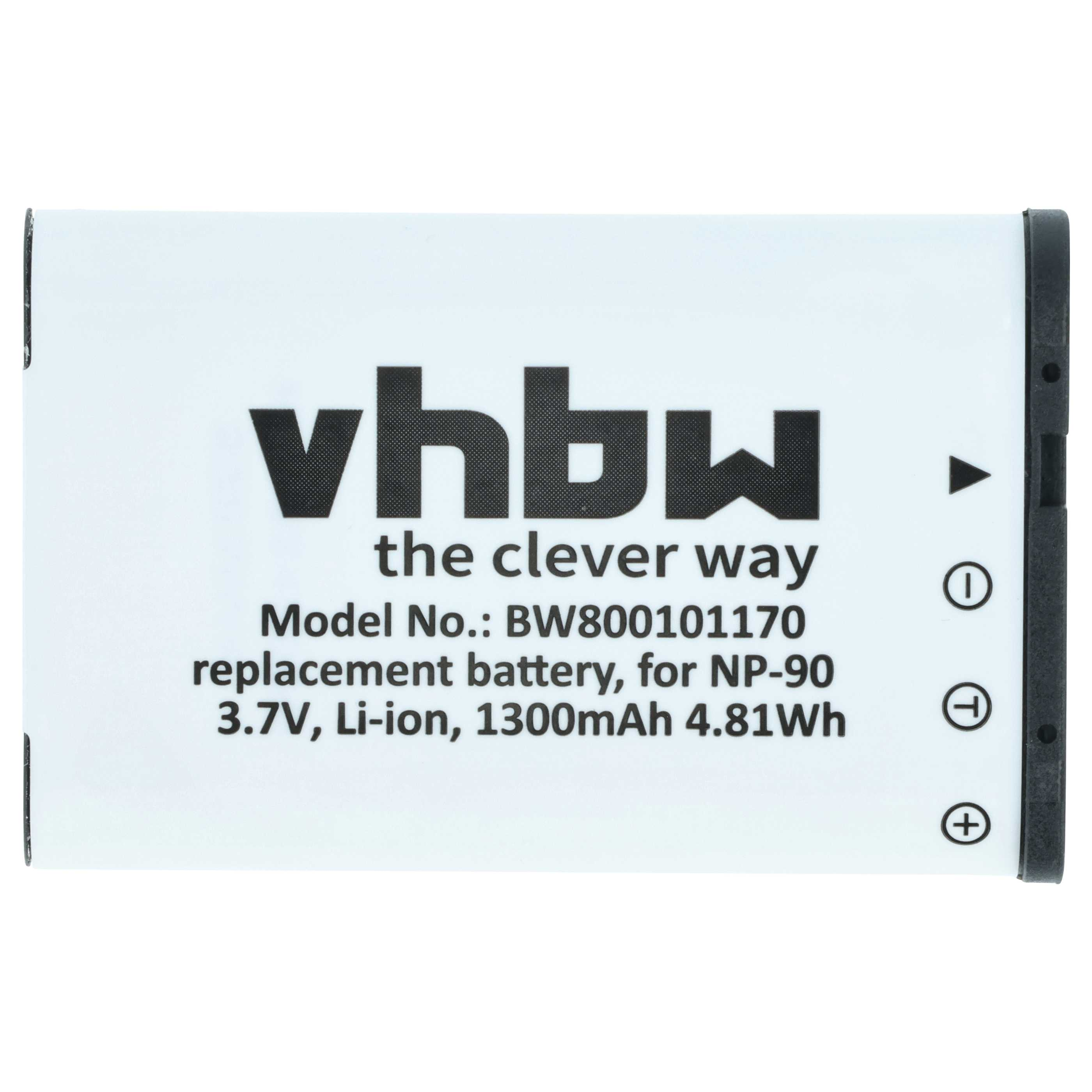 Ein weißer Akku mit schwarzem Text. Es steht vhbw, the clever way und andere technische Details darauf. Es hat eine NP-90-Batteriespezifikation.