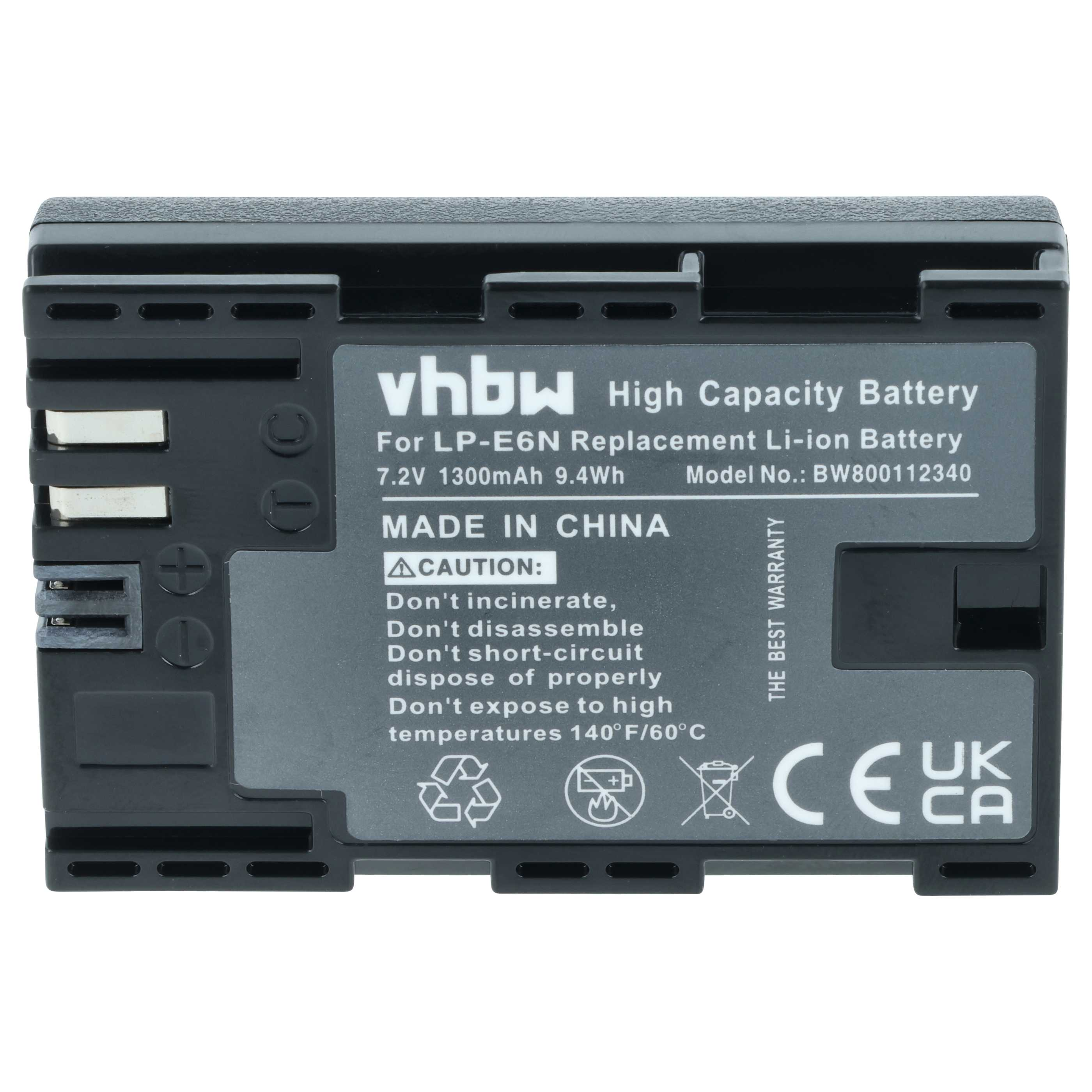 Ein schwarzer Akku mit weißem Text. Es steht vhbw, High Capacity Battery und Warnhinweise.