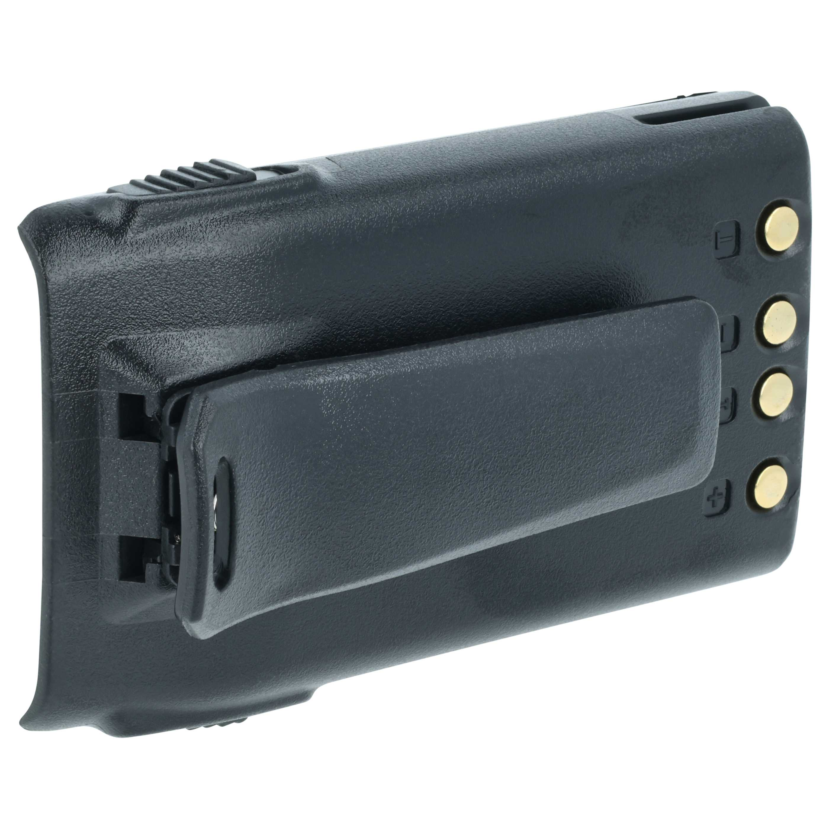 Ein schwarzes Funkbatteriepack mit Clip an der Seite, drei goldene knopfartige Elemente.