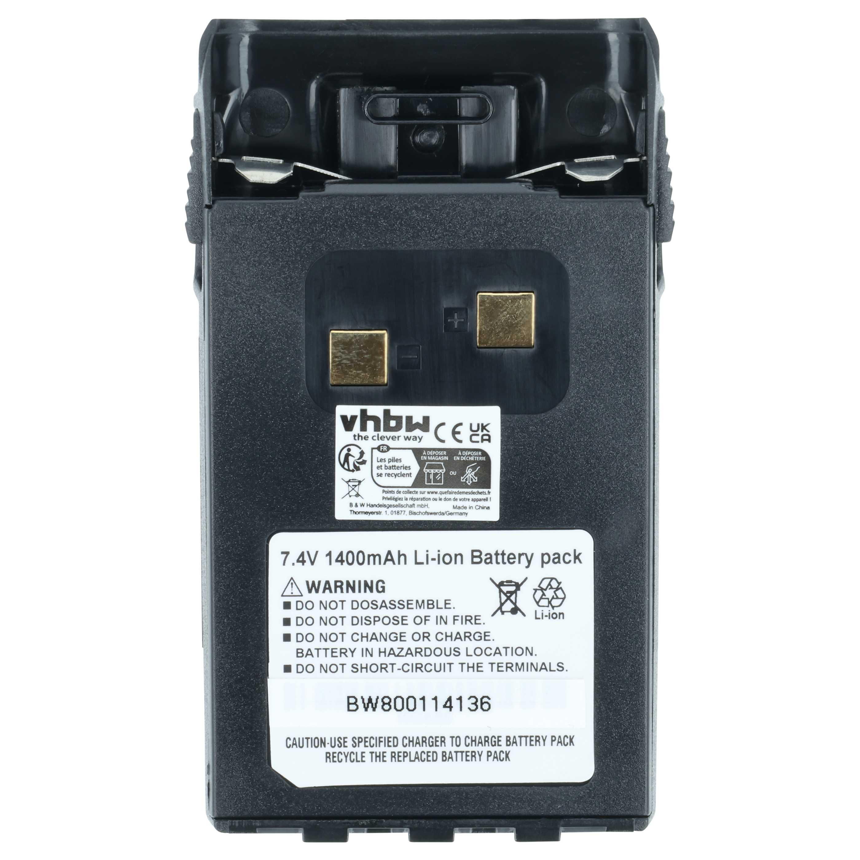 Schwarzes Akkupack mit Warnhinweisen, Goldkontakten und dem Text '7.4V 1400mAh Li-ion Battery pack' sichtbar.
