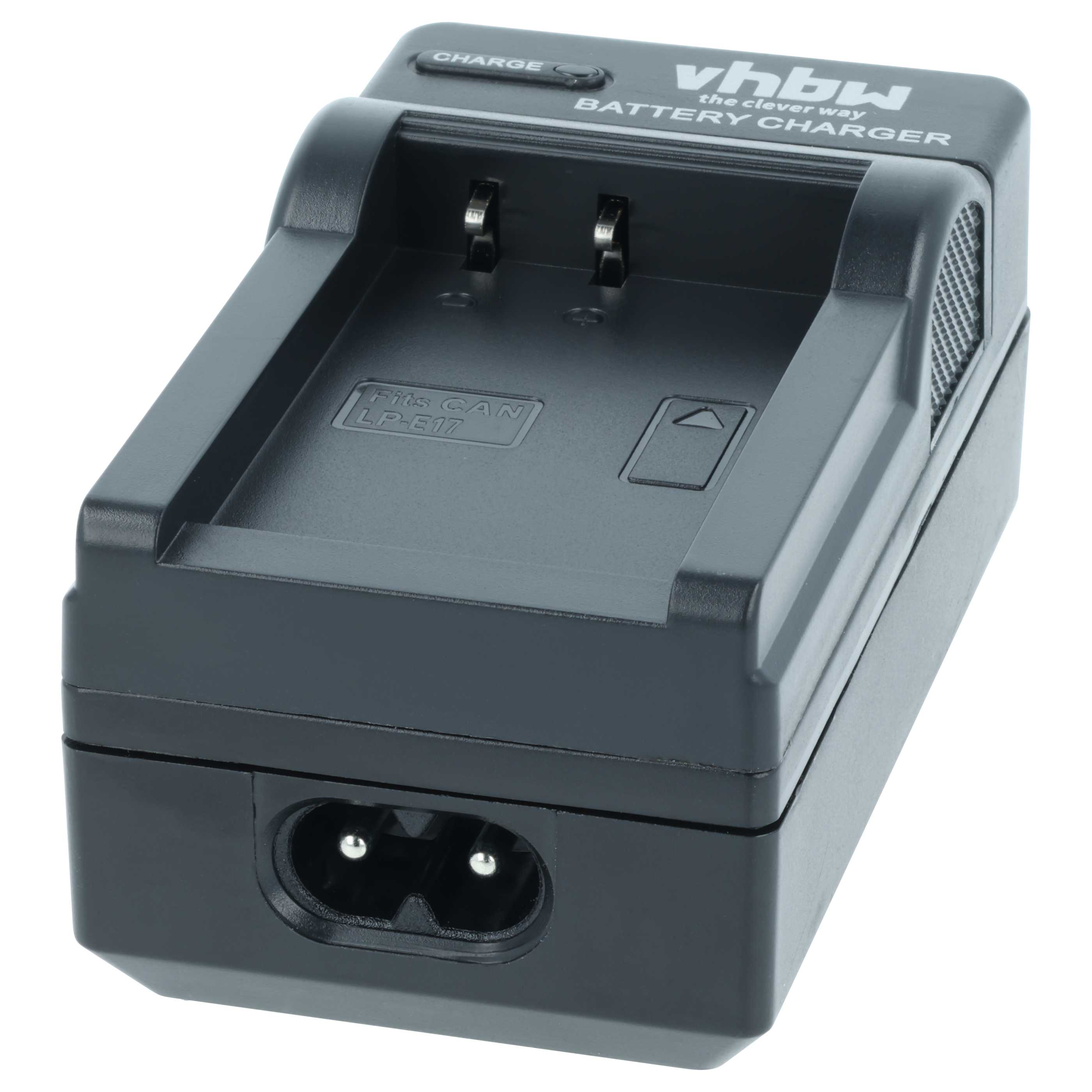 Schwarzes Batterieladegerät mit 'vbhw'-Logo, 'CHARGE'-Taste und zweipoligem Stecker. Es hat ein Fach für eine Batterie.