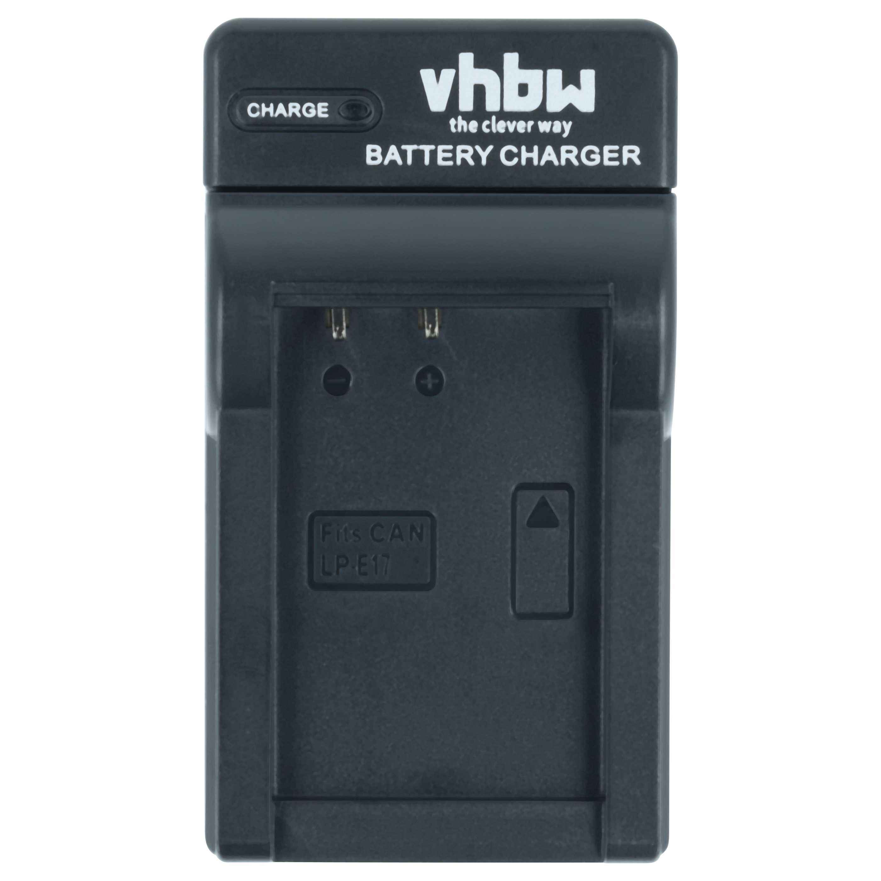Schwarzes Batterieladegerät mit 'vbhw'-Logo, 'Battery Charger' Text und 'Fits CAN LP-E17'. Hat eine Ladeanzeige.