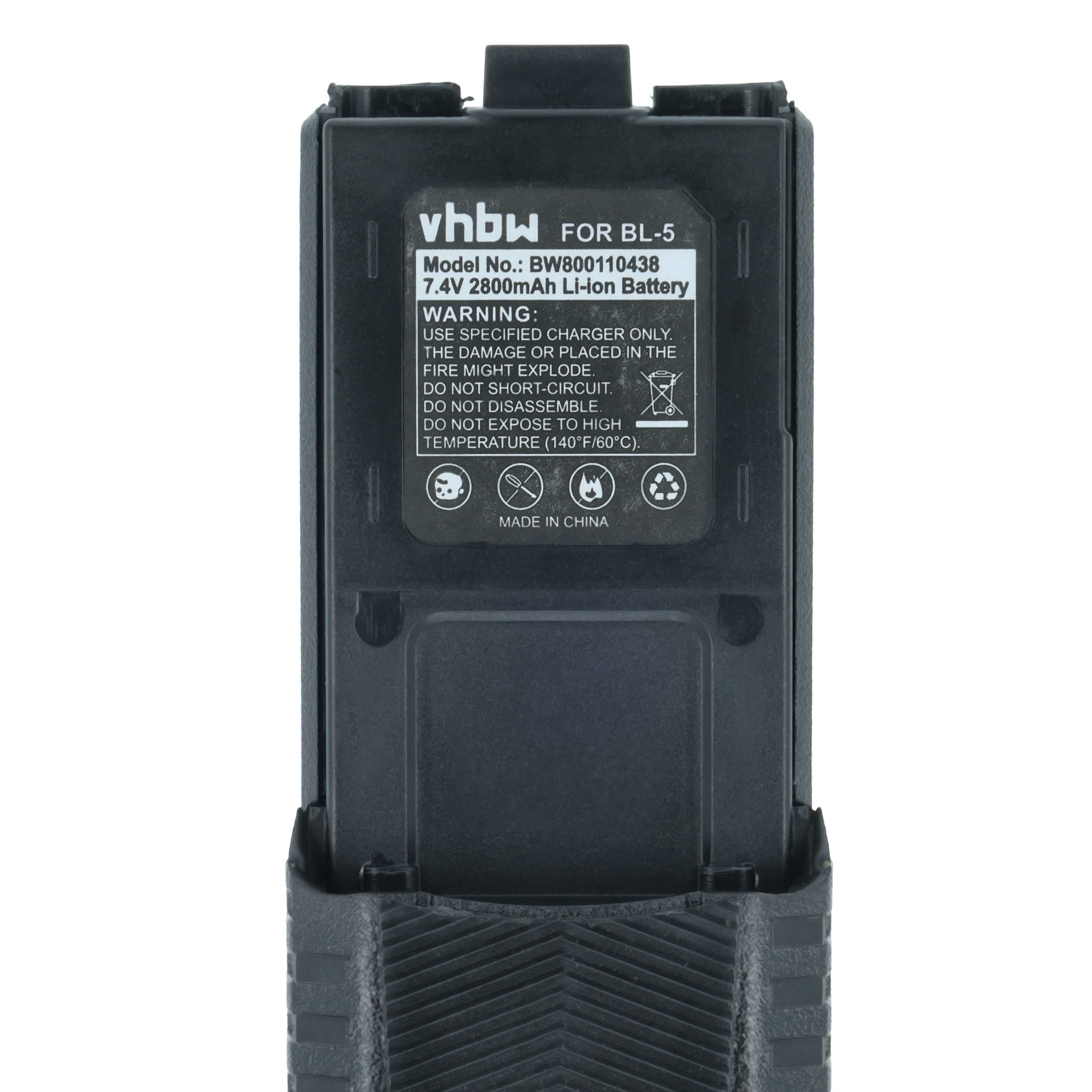 Ein schwarzer Akku mit Text: vhbw FOR BL-5, 7,4 V 2800 mAh Li-Ionen-Akku. Warnungen sind darauf gedruckt.