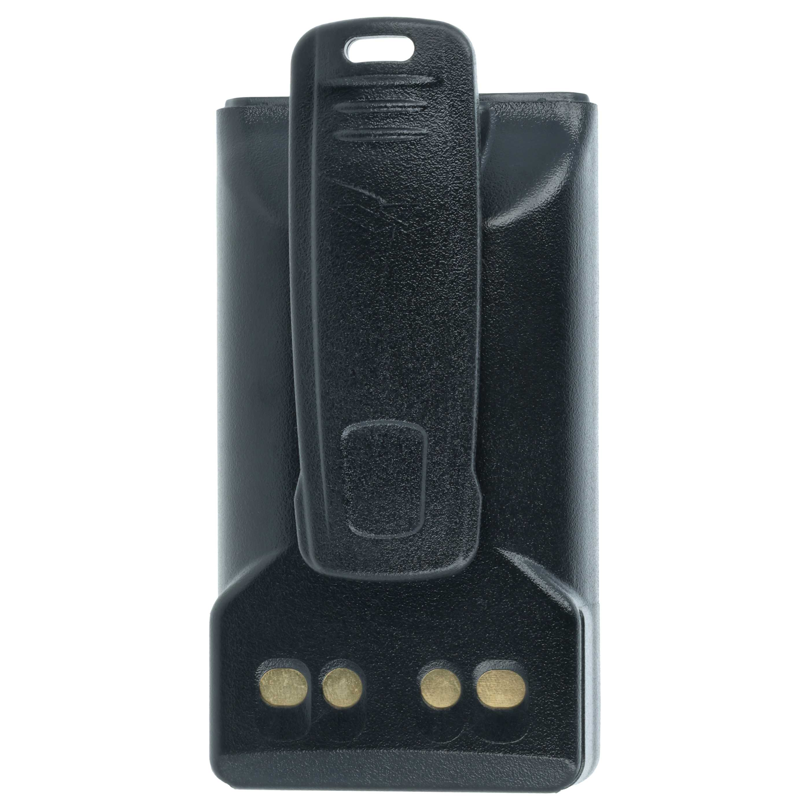 Schwarzer Funkgeräte-Akkupack. Mit Gürtelclip und Goldkontaktpunkten.