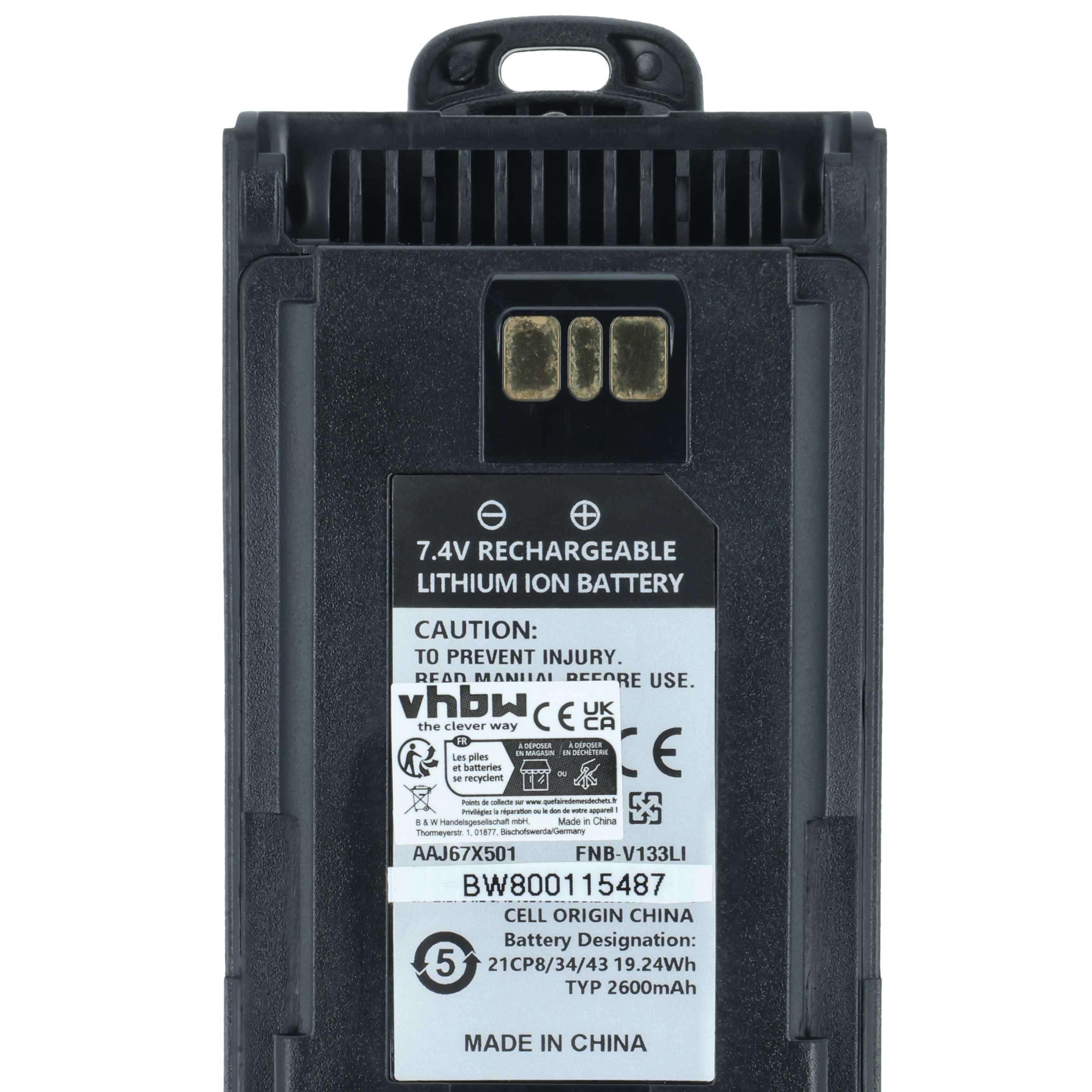 Ein schwarzer Lithium-Ionen-Akku mit Sicherheitshinweisen und technischen Informationen.