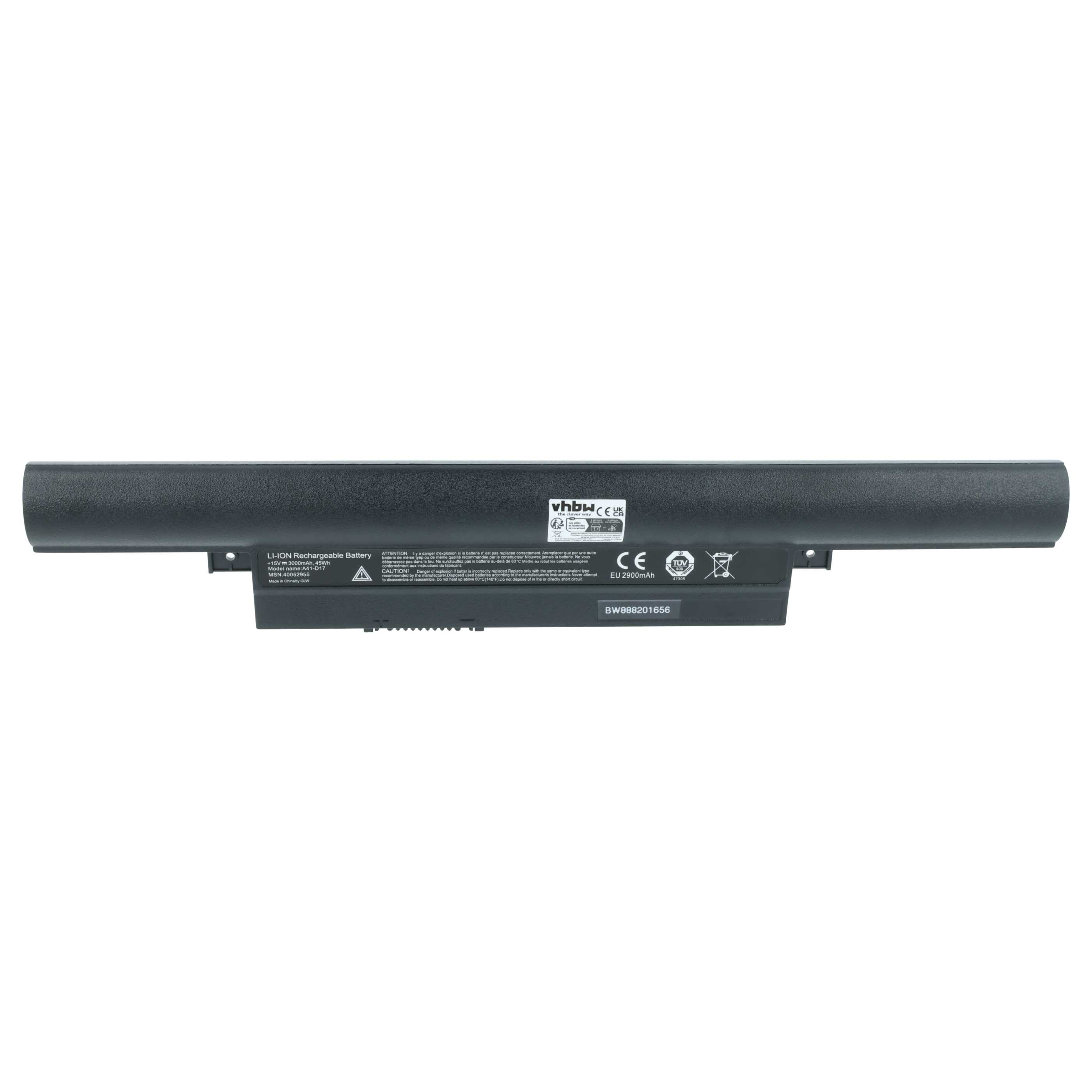Ein schwarzer Laptop-Akku mit Etiketten, Text und Zertifizierungen. Es ist vor einem weißen Hintergrund.
