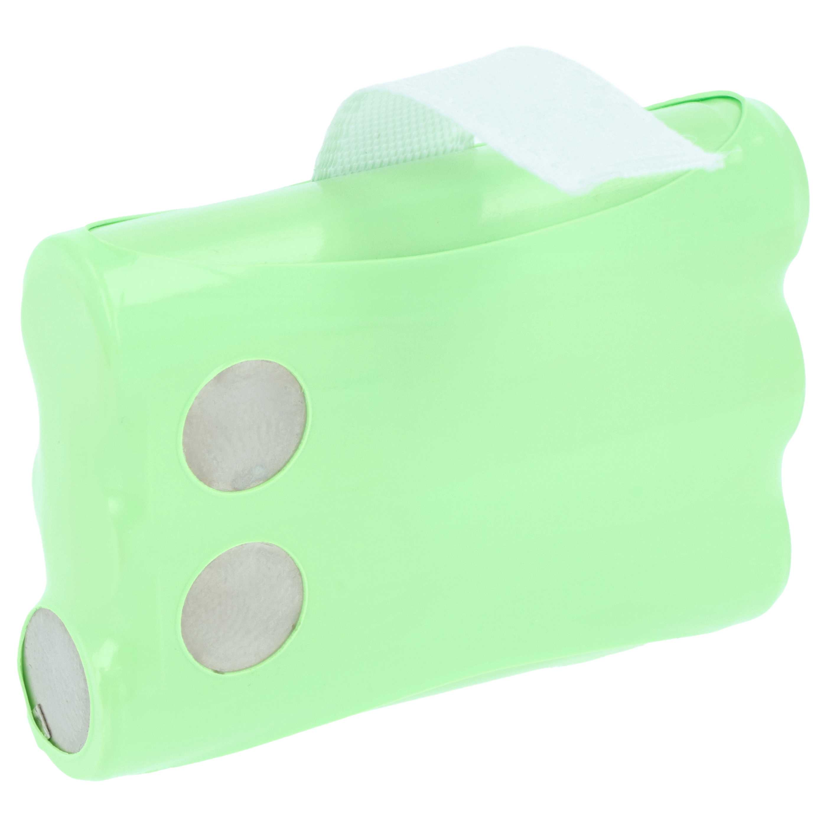 Ein grünes Batteriepack mit weißem Riemen. Es hat zwei kreisförmige Löcher. Der Hintergrund ist weiß.