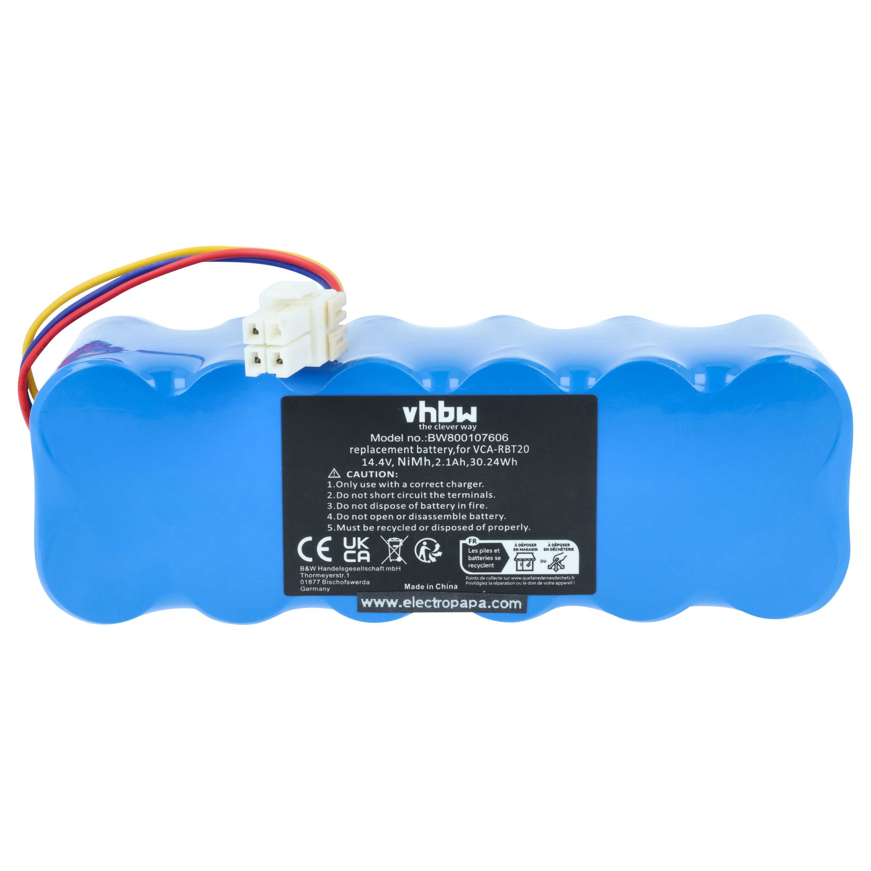 Blauer Akkupack mit Kabeln und Stecker. Text auf dem Pack gibt Modell und Vorsichtshinweise an.