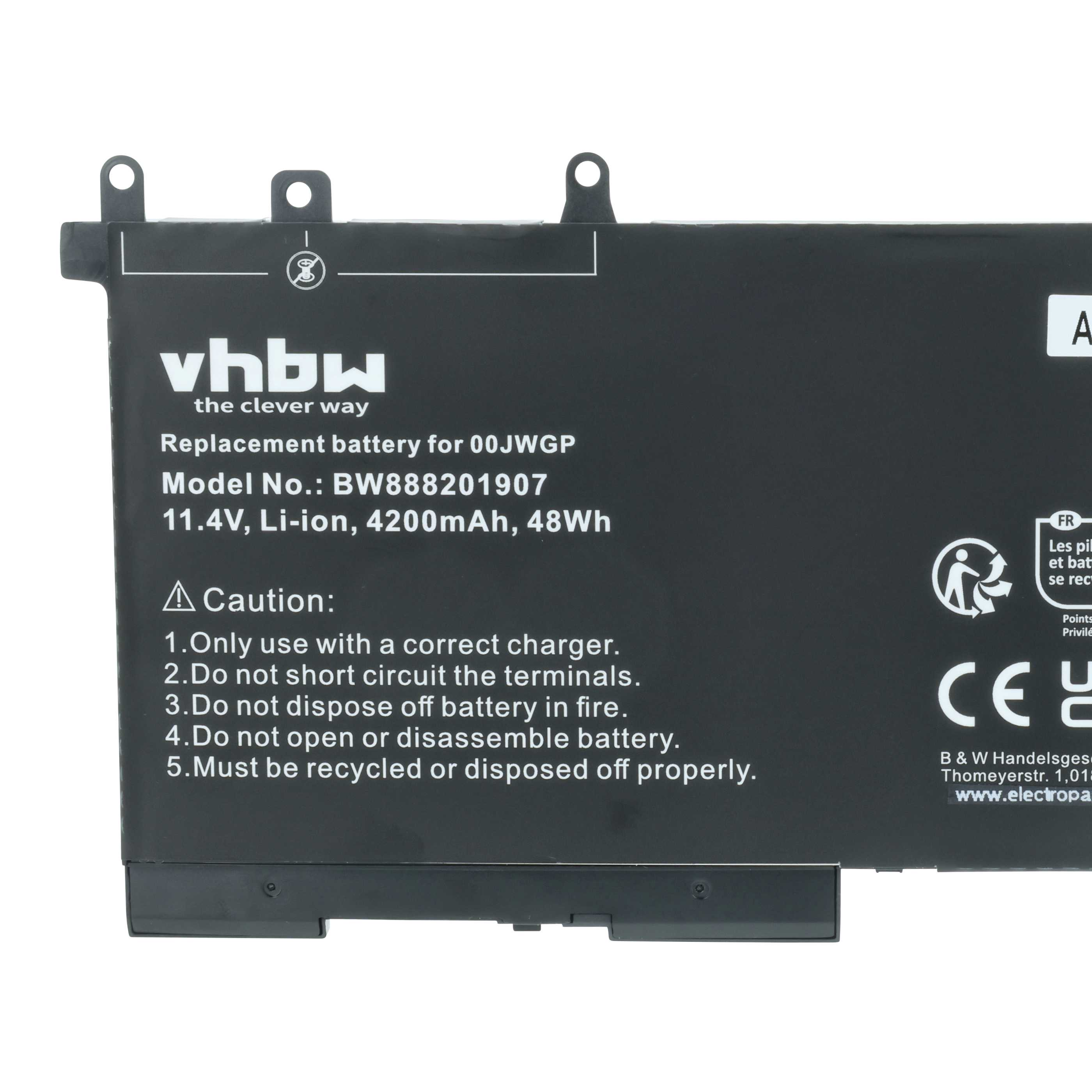 Ein schwarzer Laptop-Akku mit weißem Text. Er hat Warnhinweise, Modellinformationen und ein CE-Zeichen.