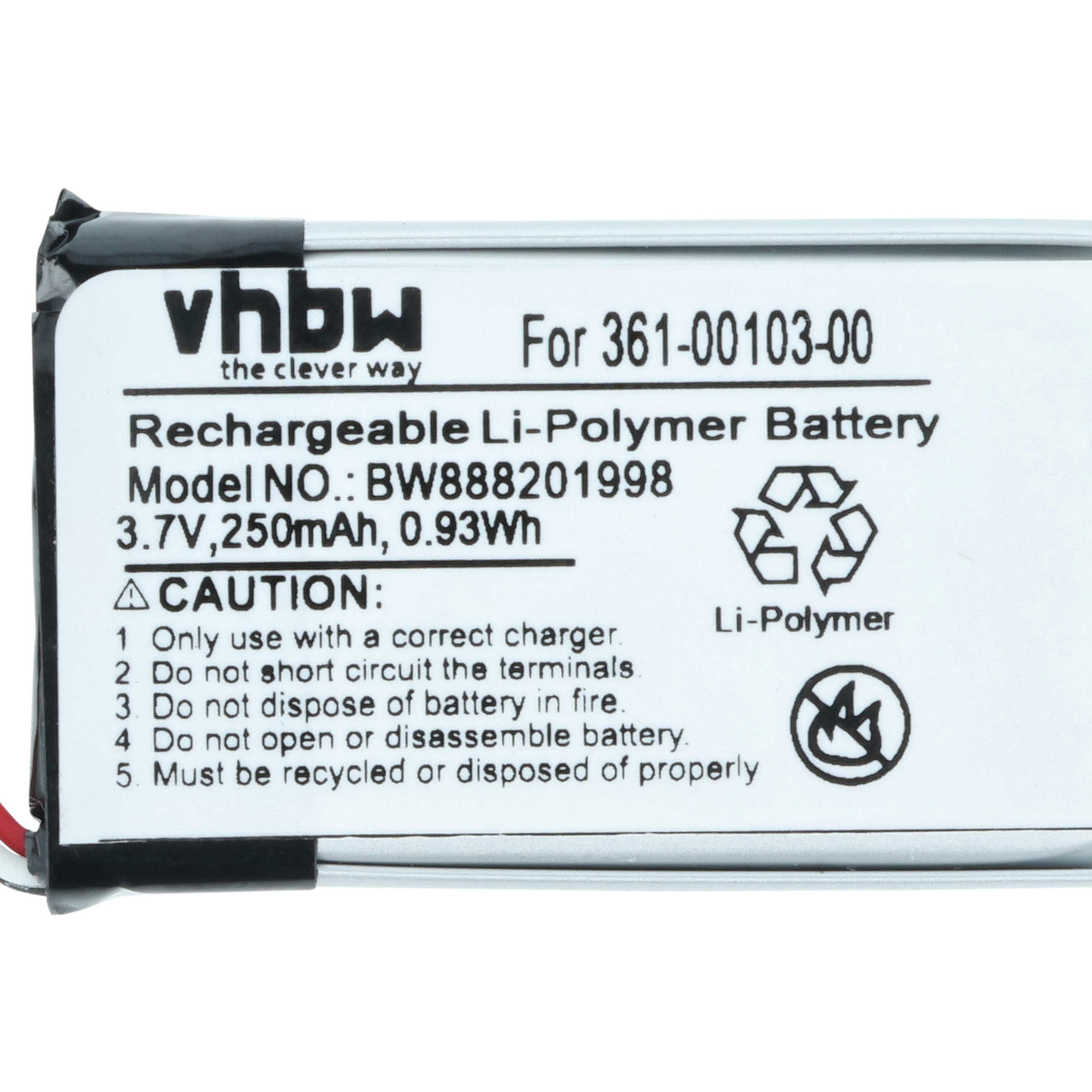 Ein weißes Batterieetikett mit schwarzem Text. Es steht 'Rechargeable Li-Polymer Battery'. Es hat Sicherheitshinweise und Recycling-Symbole.