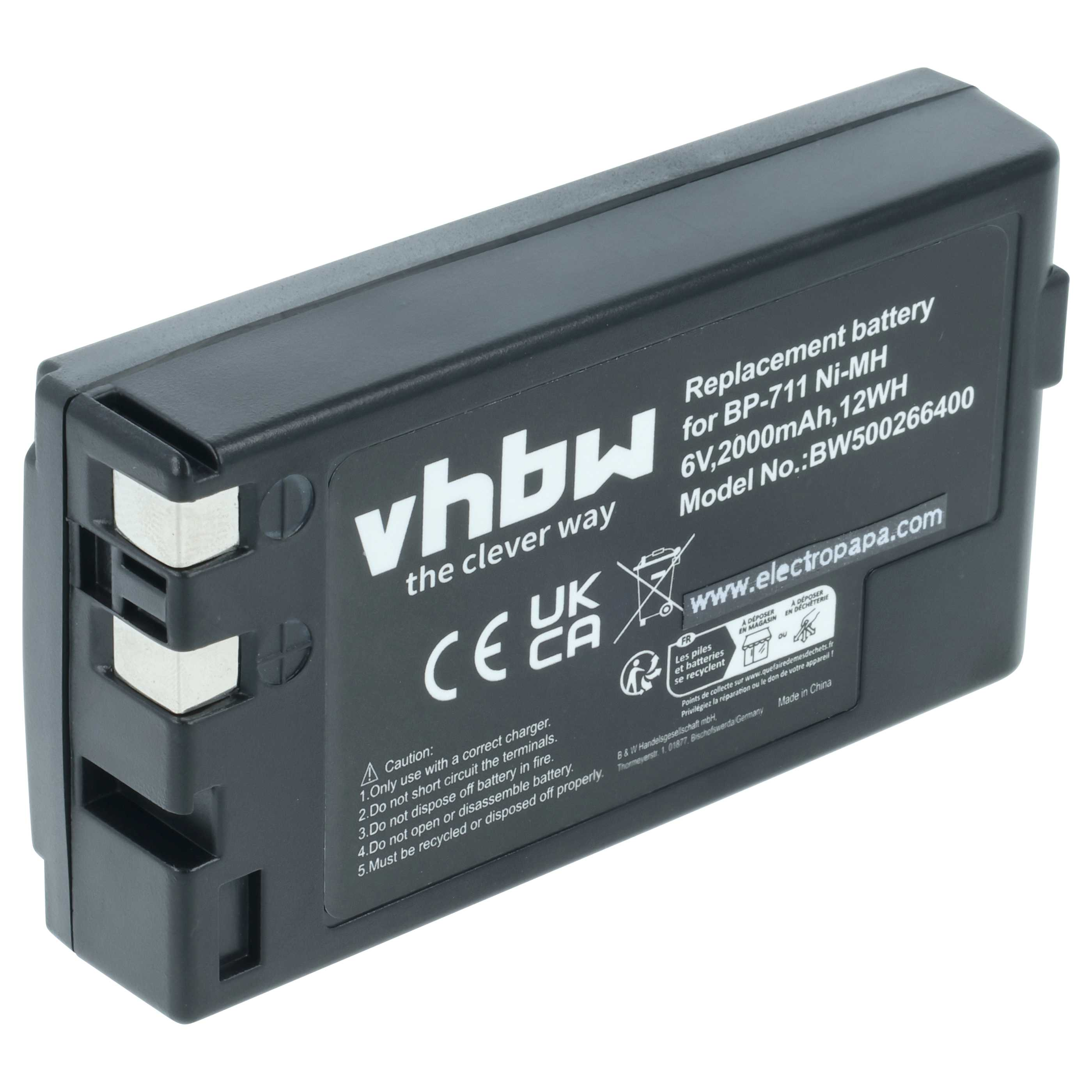 Ein schwarzer Akku mit weißem Text und Metallkontakten. Text enthält 'vhbw', '6V, 2000mAh' und Sicherheitshinweise.