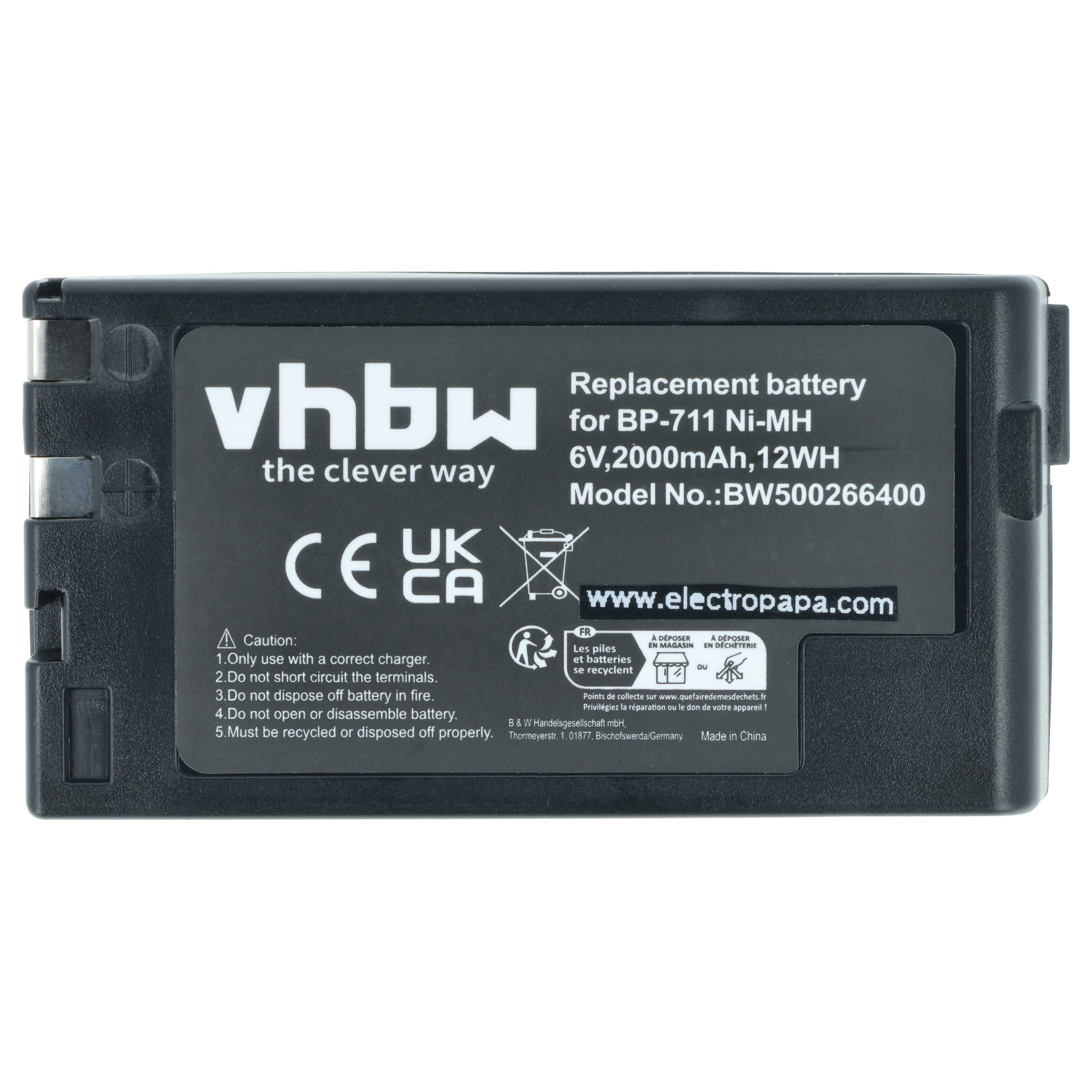 Schwarzer Akku mit weißem Text. Er sagt 'vhbw' und 'Ersatzbatterie für BP-711 Ni-MH'.