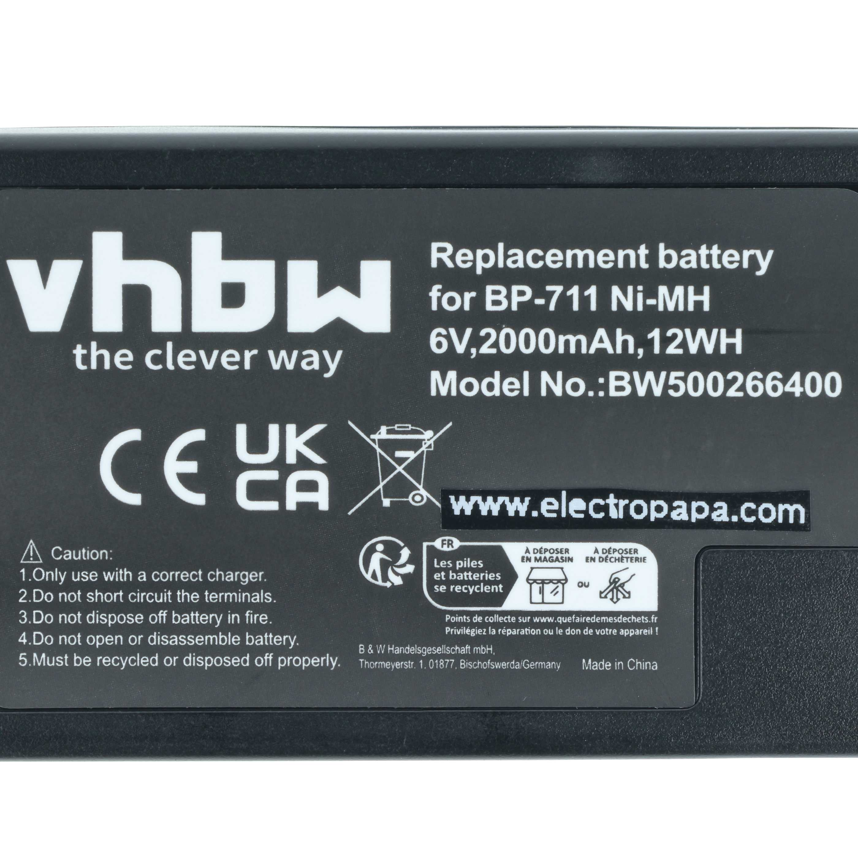 Schwarzer Akku mit weißem Text: vhbw, Ersatzakku für BP-711 Ni-MH, 6V, 2000mAh. Warnsymbole.