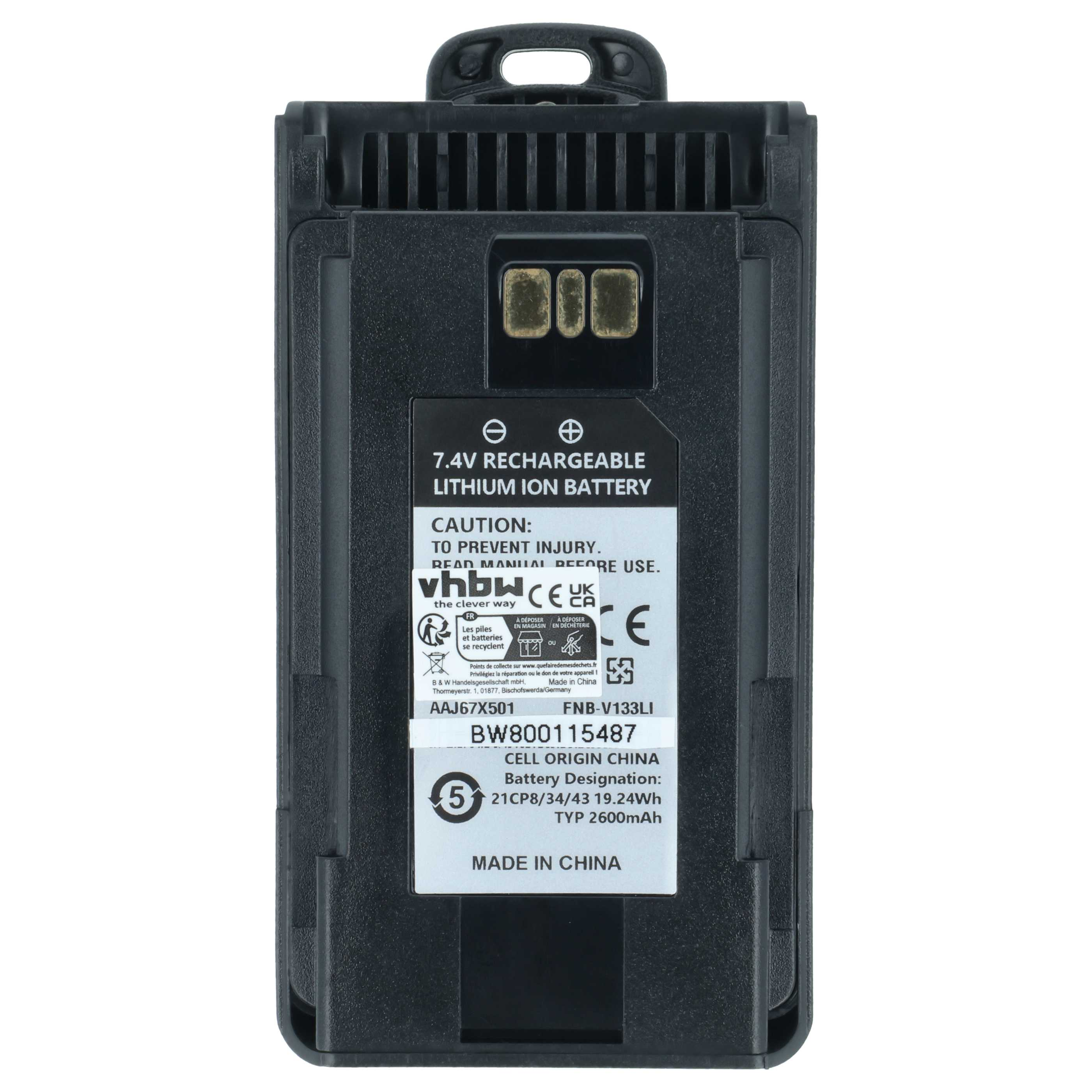 Ein schwarzer Lithium-Ionen-Akku mit Sicherheitshinweisen und technischen Daten. Es hat einen Griff oben.