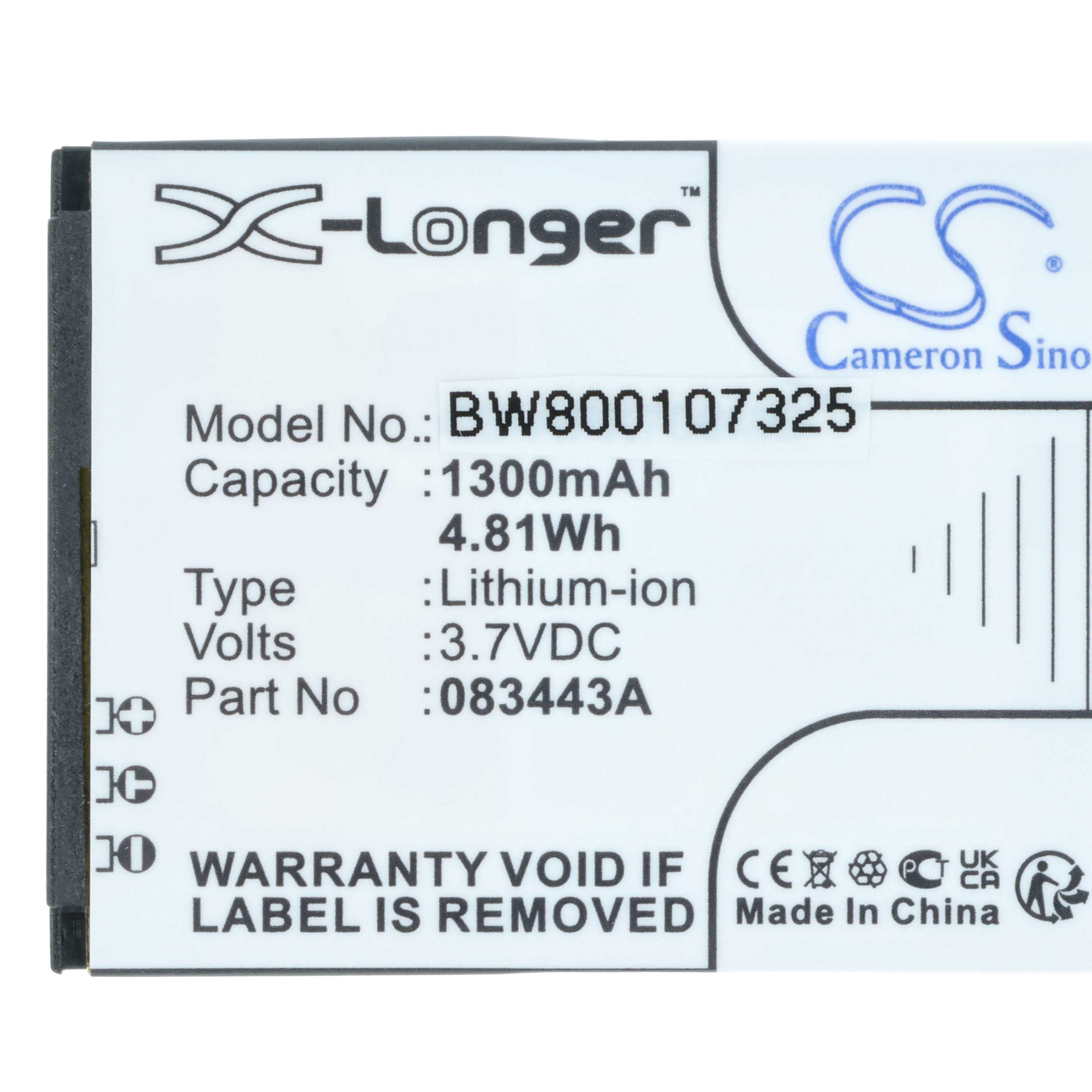 Ein weißes und schwarzes Batterieetikett mit Text und Logos, einschließlich 'X-Longer' und 'Made in China'.