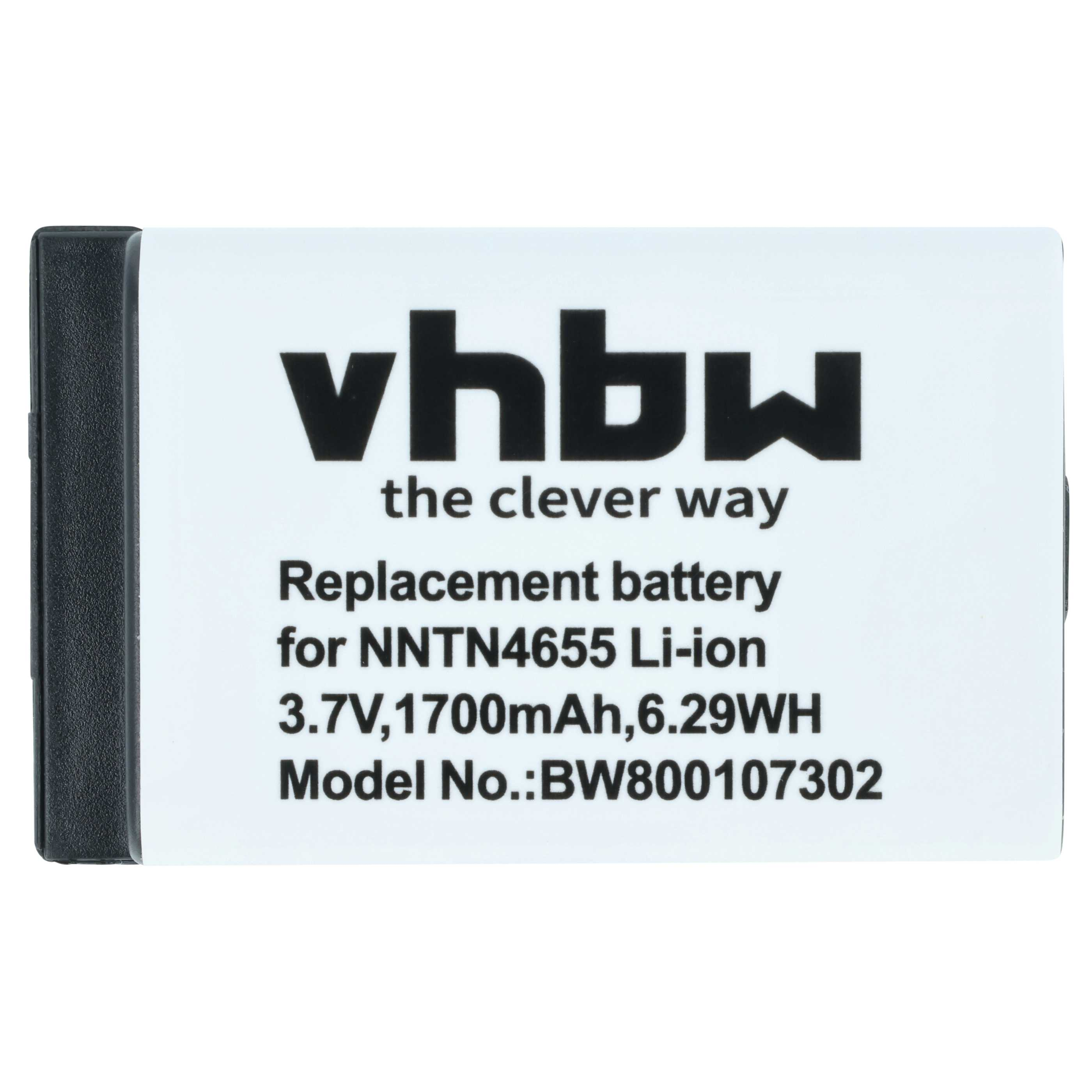 Ein weißer Akku mit schwarzem Text und schwarzem Rand. Er hat das vhbw-Logo und die Spezifikationen: 3,7 V, 1700 mAh.
