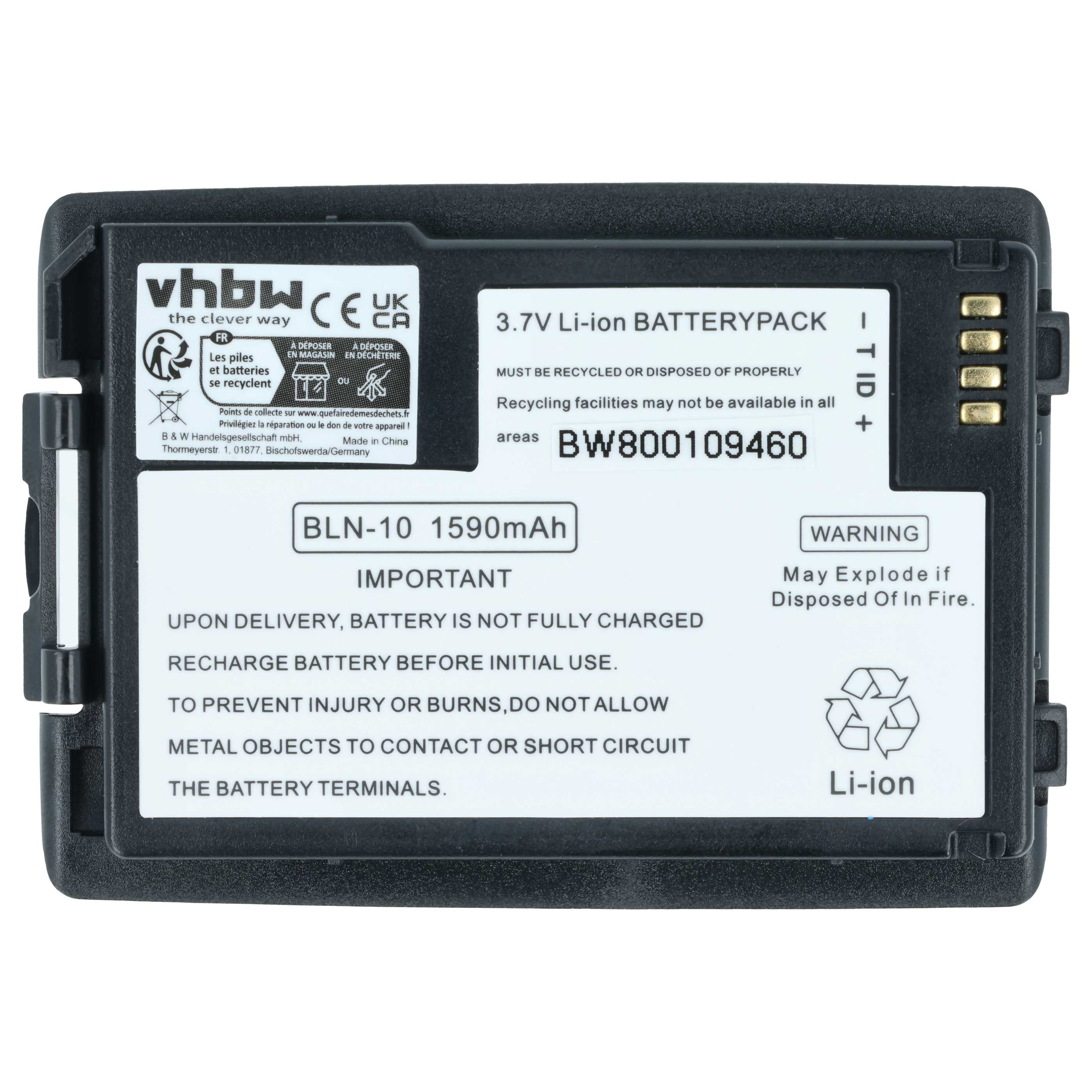 Schwarzer Akku mit weißen Etiketten. Text enthält: 3,7 V Li-Ionen, BLN-10, Recyclingsymbole und Warnhinweise.