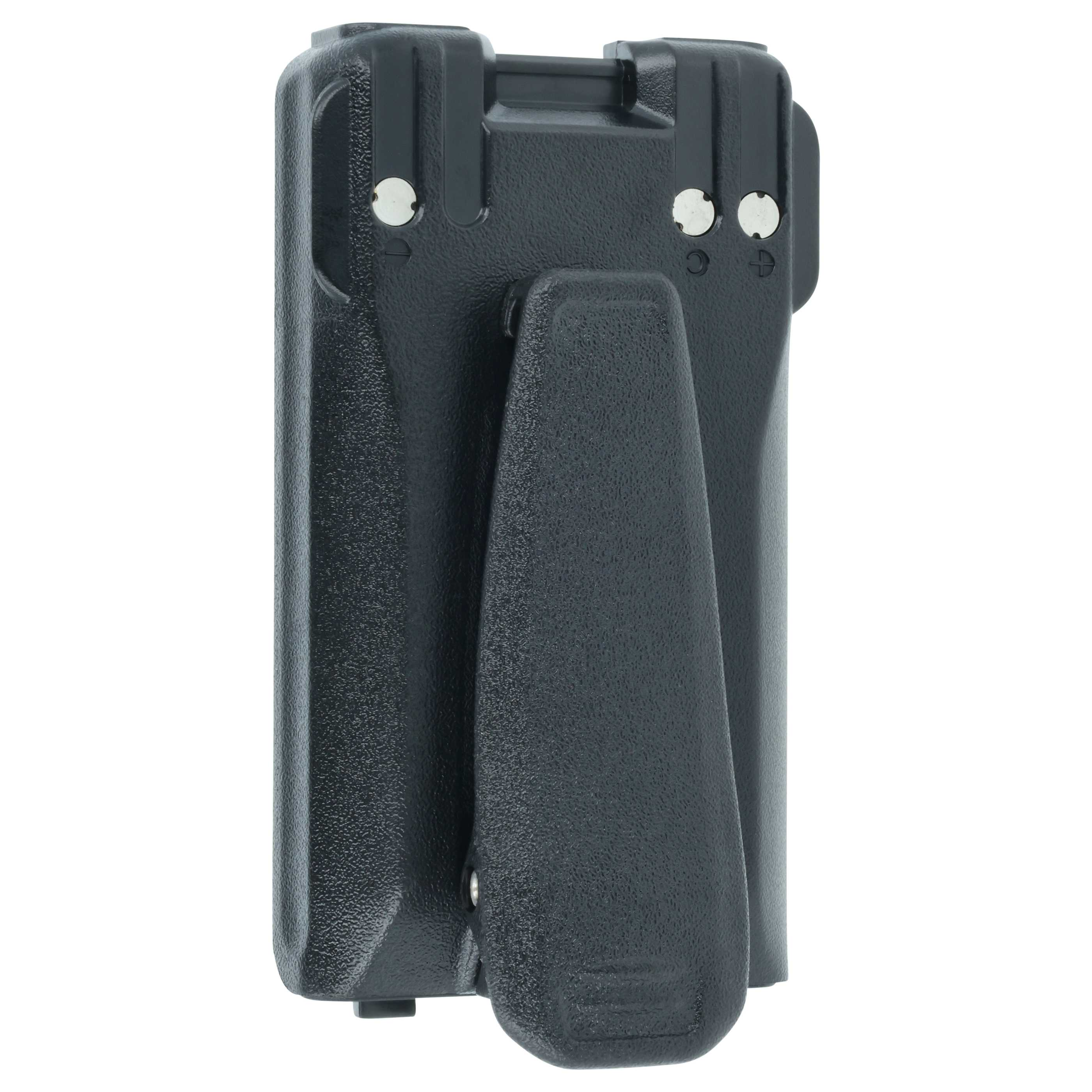 Schwarzer Funkbatteriepack, strukturierte Oberfläche, mit Gürtelclip auf der Rückseite. Es ist auf weißem Hintergrund.