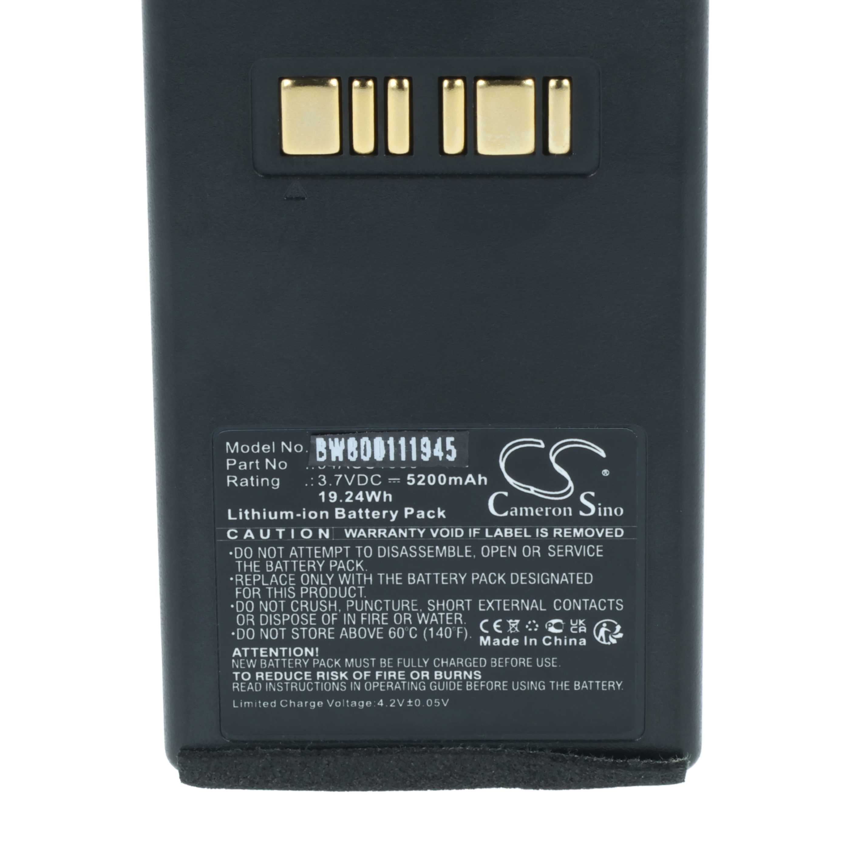 Pacco batteria nero con contatti dorati. Il testo include modello, parti e avvertenze. Fatto in Cina.