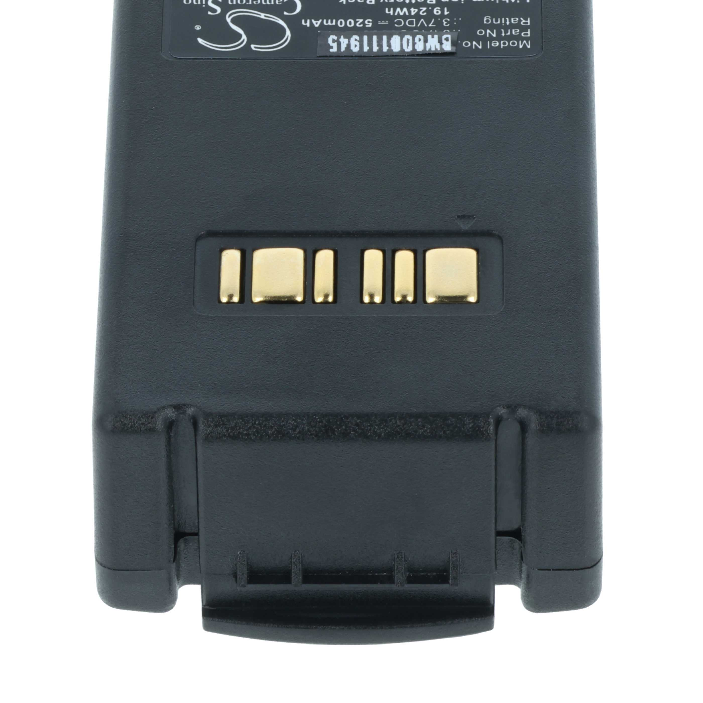 Batteria nera con connettori dorati. La parte superiore ha testo e logo. Il basso ha un fermo.