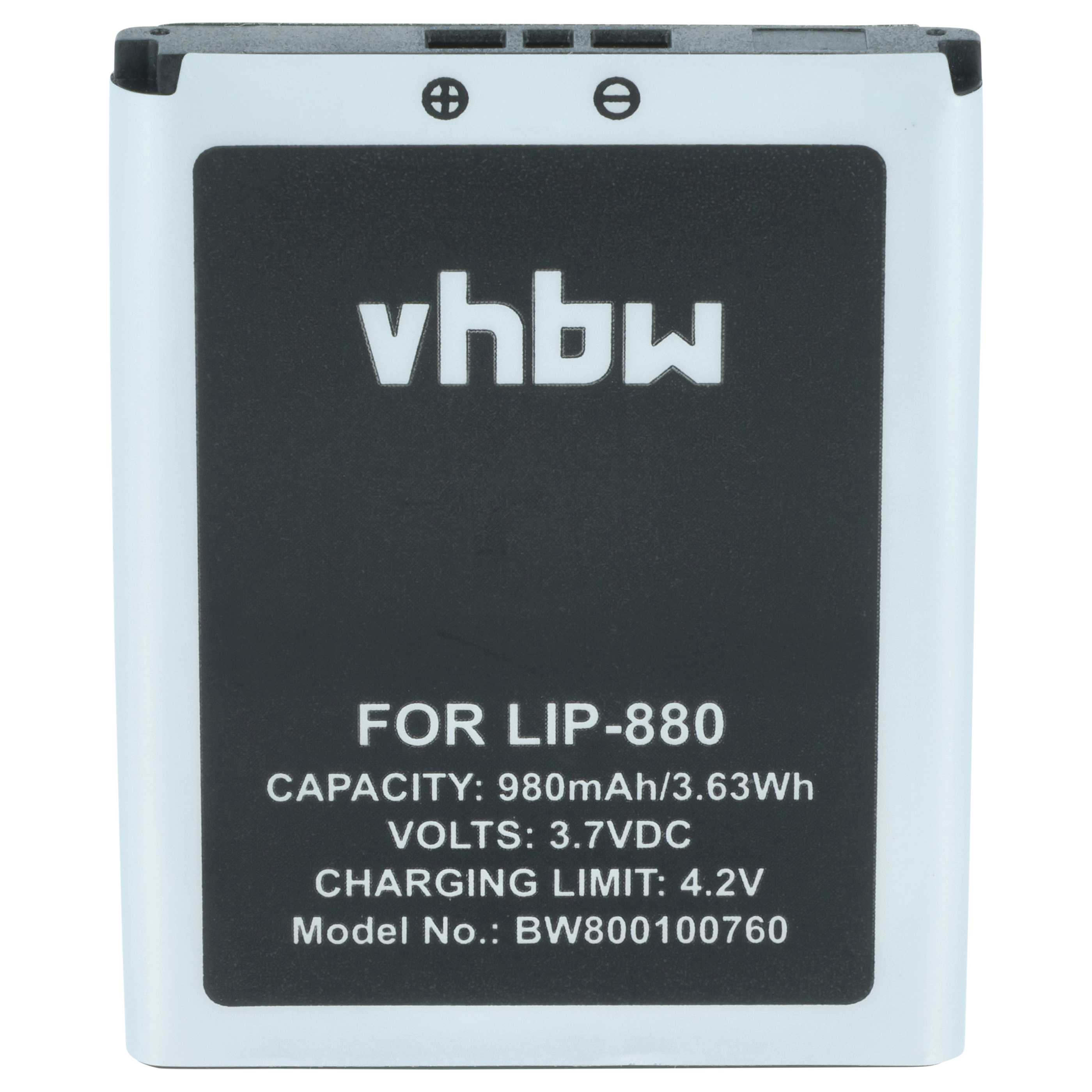 Rechteckiger Akku mit 'vhbw'-Aufschrift, 'FOR LIP-880', Kapazität, Spannung und Modelldetails. Weißer Rahmen.