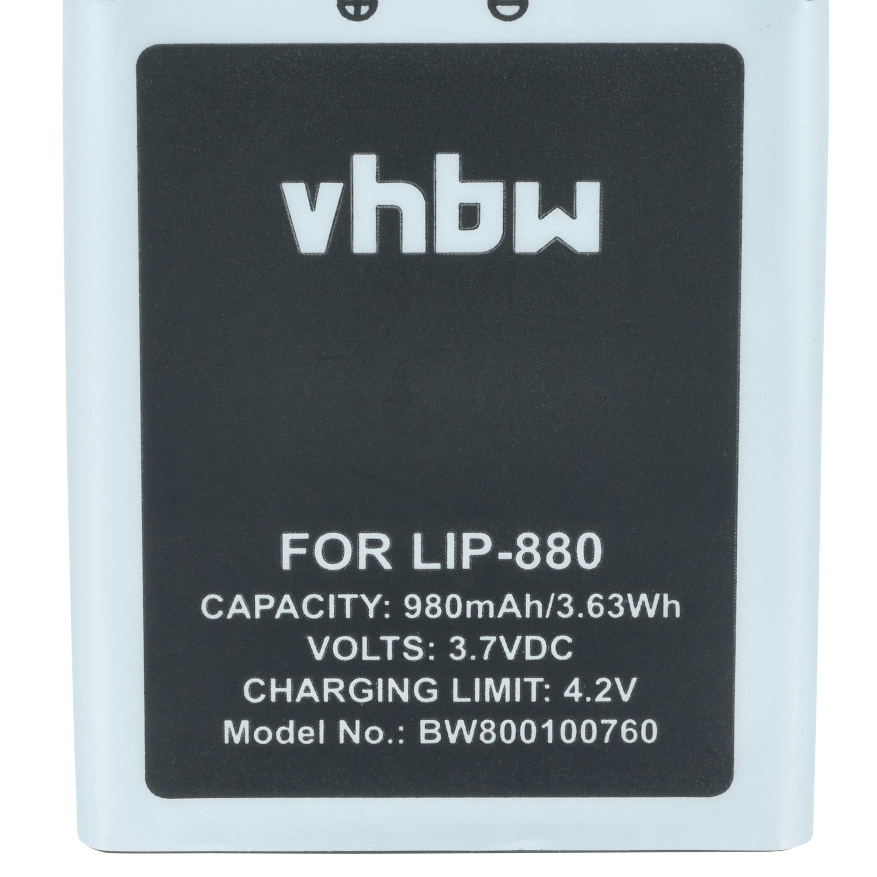 Ein weiß-schwarzer Akku mit Text: vhbw, FOR LIP-880 und technischen Daten.