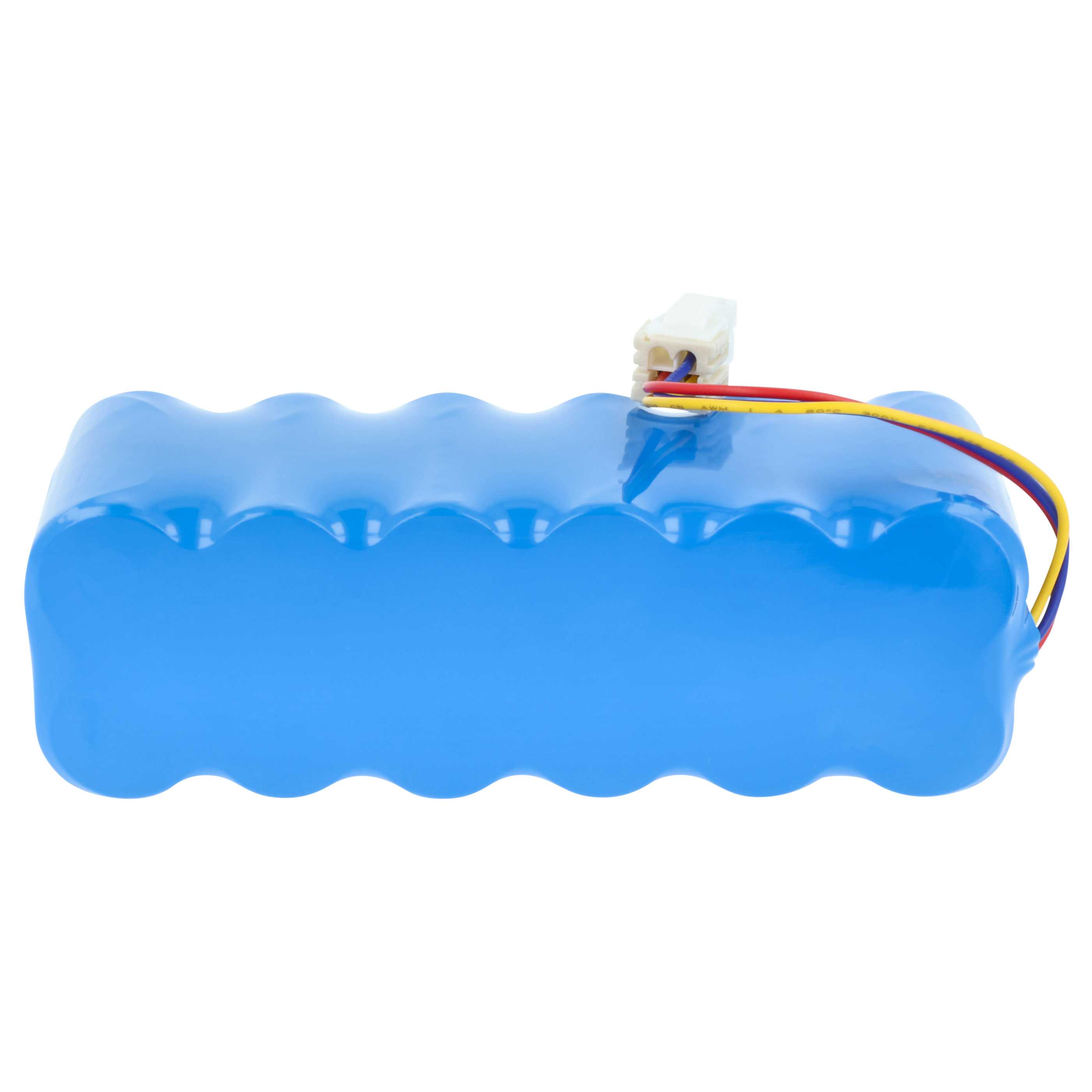 Ein blaues Akkupack mit weißem Stecker und roten, gelben und blauen Drähten, die sich davon erstrecken.