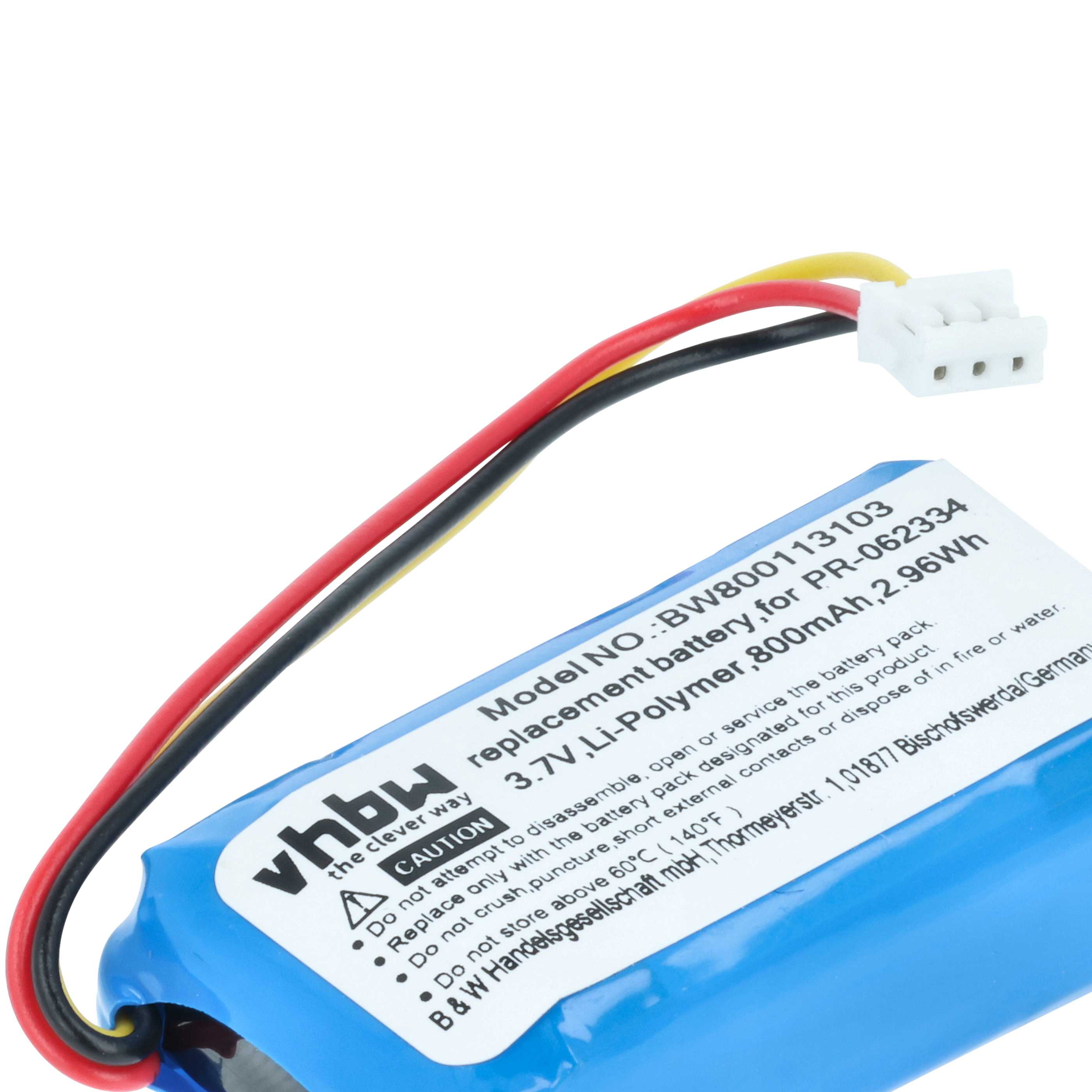 Ein blauer Akku mit roten, schwarzen und gelben Drähten und einem weißen Stecker. Text ist auf dem Akku aufgedruckt.