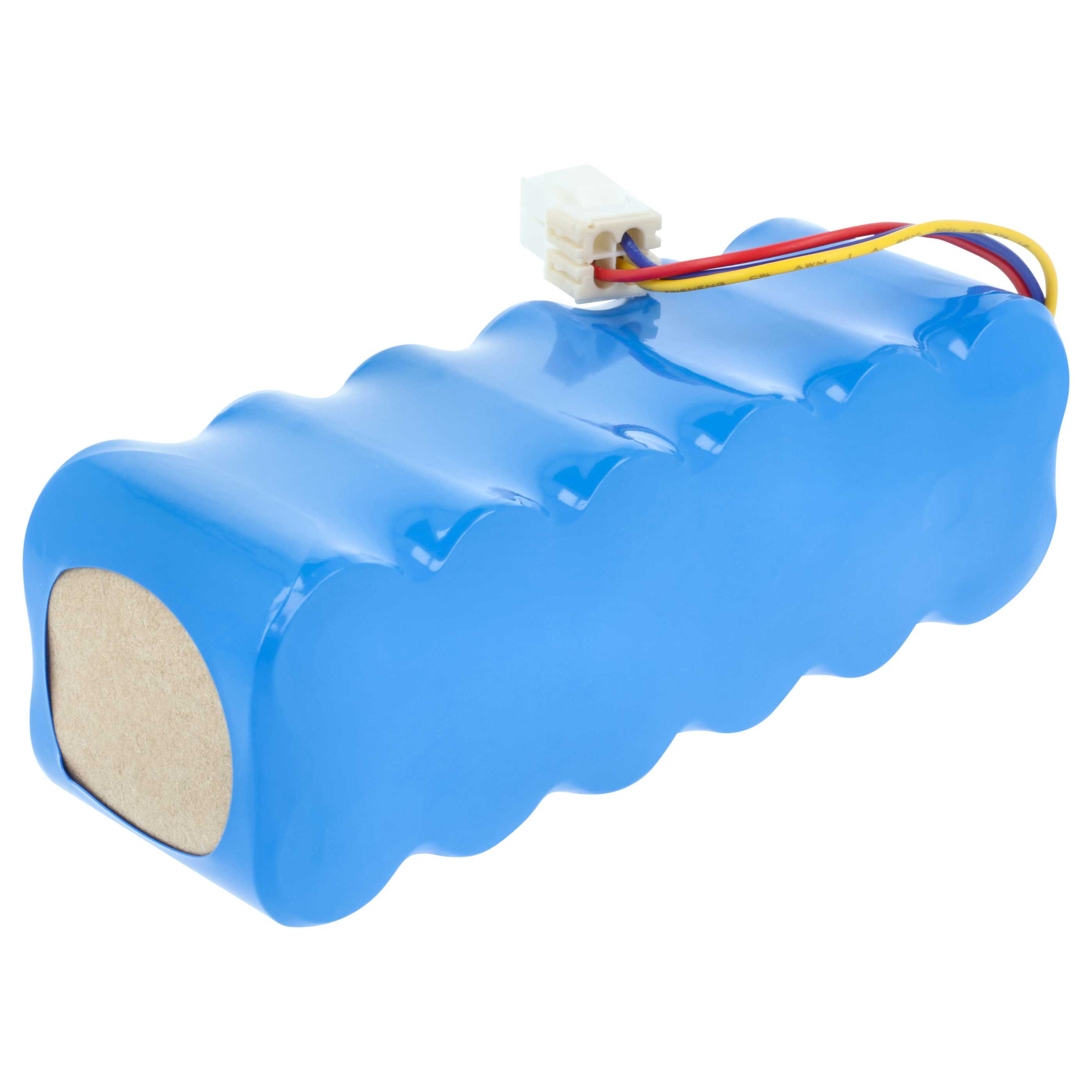 Ein blaues Batterypack mit einem weißen Stecker und farbigen Drähten. Das Ende ist braun. Der Hintergrund ist weiß.