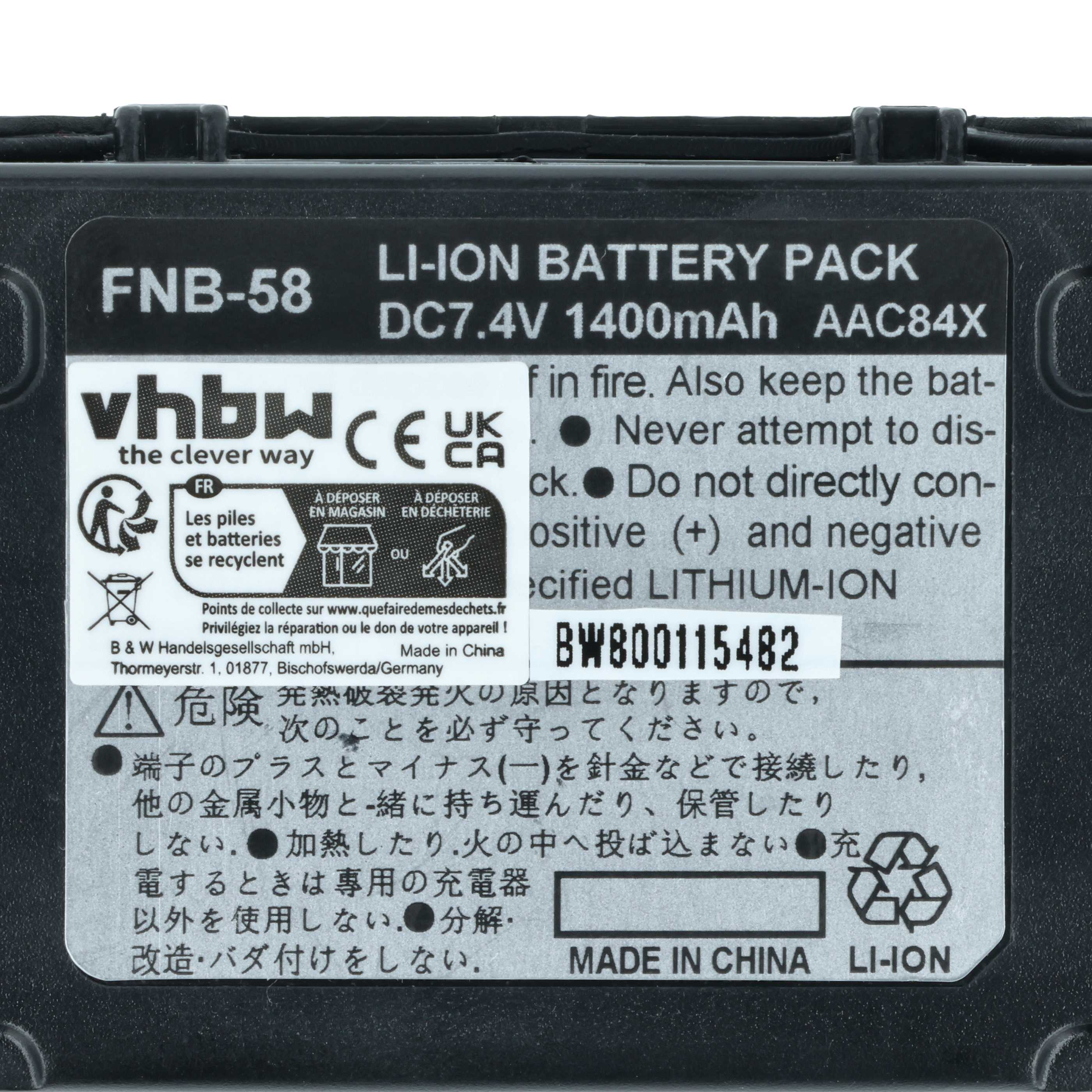 Schwarzes Akkupack mit weißem Etikett, das 'LI-ION BATTERY PACK' und Warnhinweise in mehreren Sprachen zeigt.