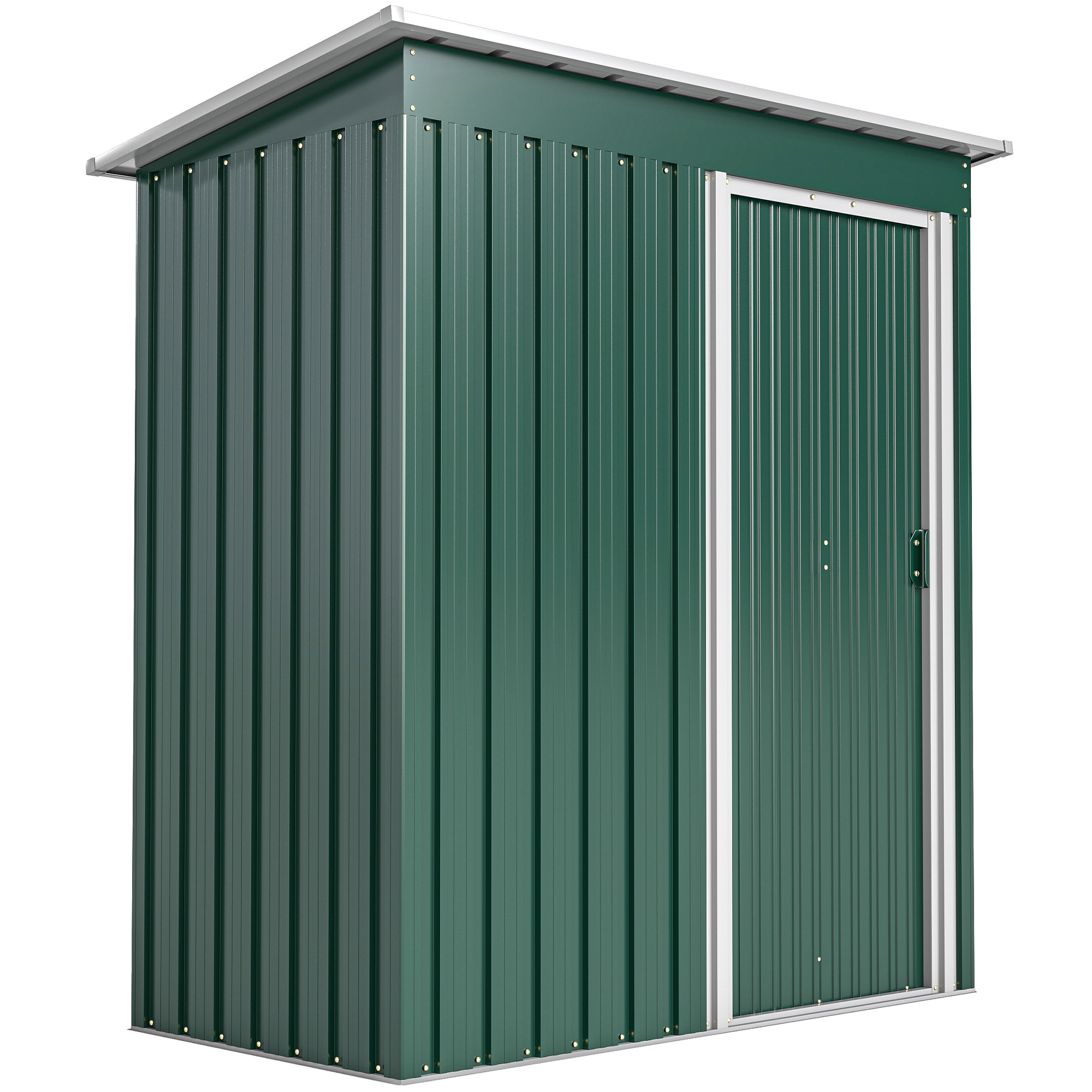 Capannone metallico verde con tetto spiovente e porta scorrevole. Rifiniture bianche.