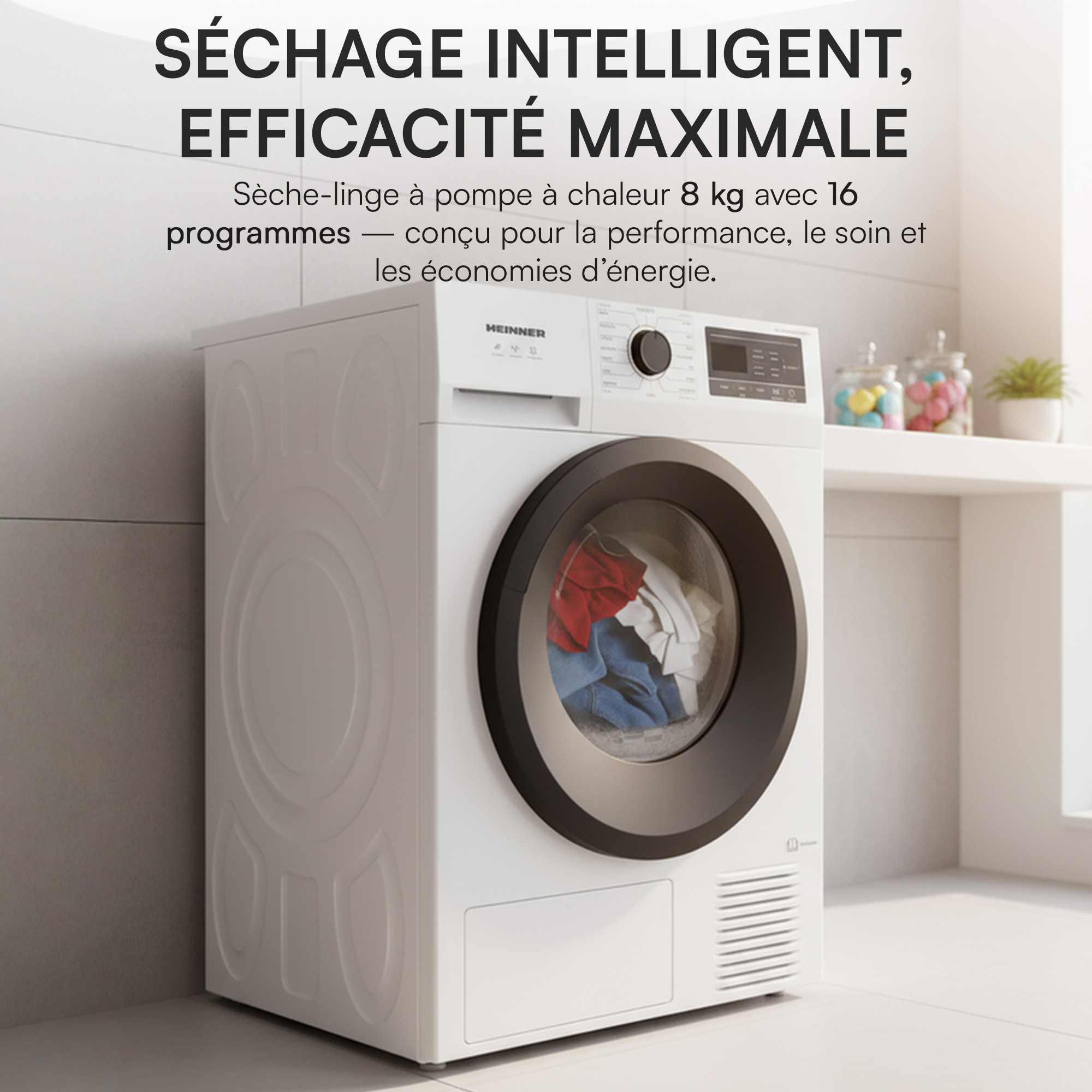 Een witte droger met zwarte deur, gevuld met kleding. Bovenstaande tekst: Intelligent drogen, maximale efficiëntie.