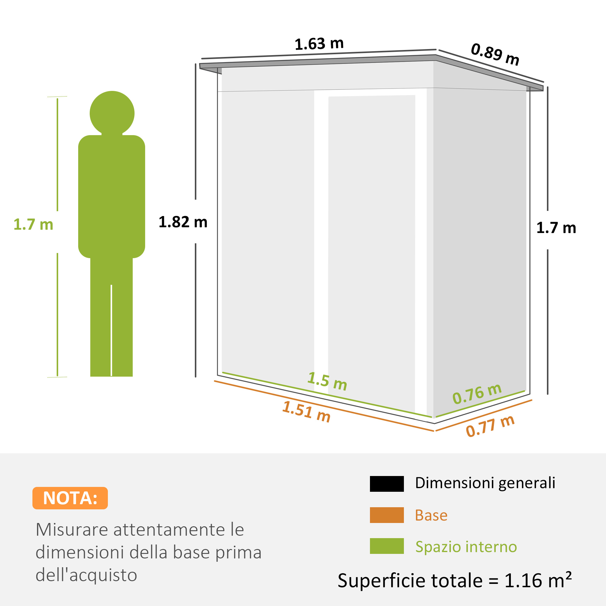 Un omino verde accanto a un capannone bianco con dimensioni in metri. Il testo italiano consiglia di misurare la base.