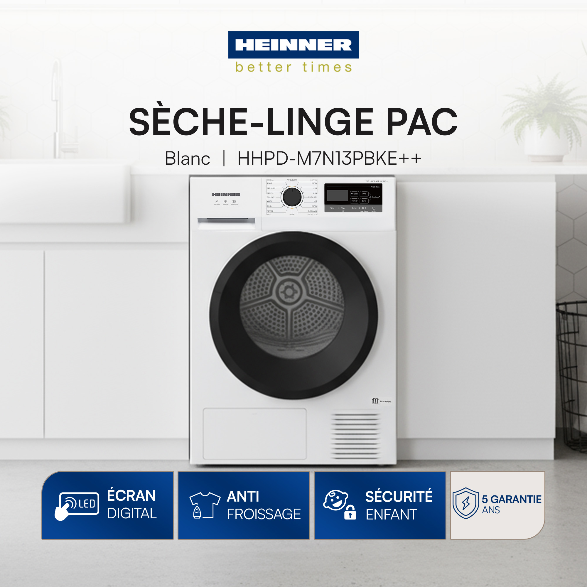 A white dryer with a black door. Text says SÈCHE-LINGE PAC and features like LED screen and anti-crease.