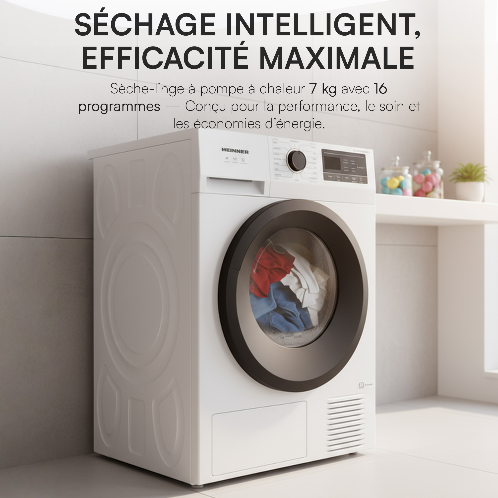 A white dryer with a black door. Inside the door are clothes. The dryer has a control panel and text on top.