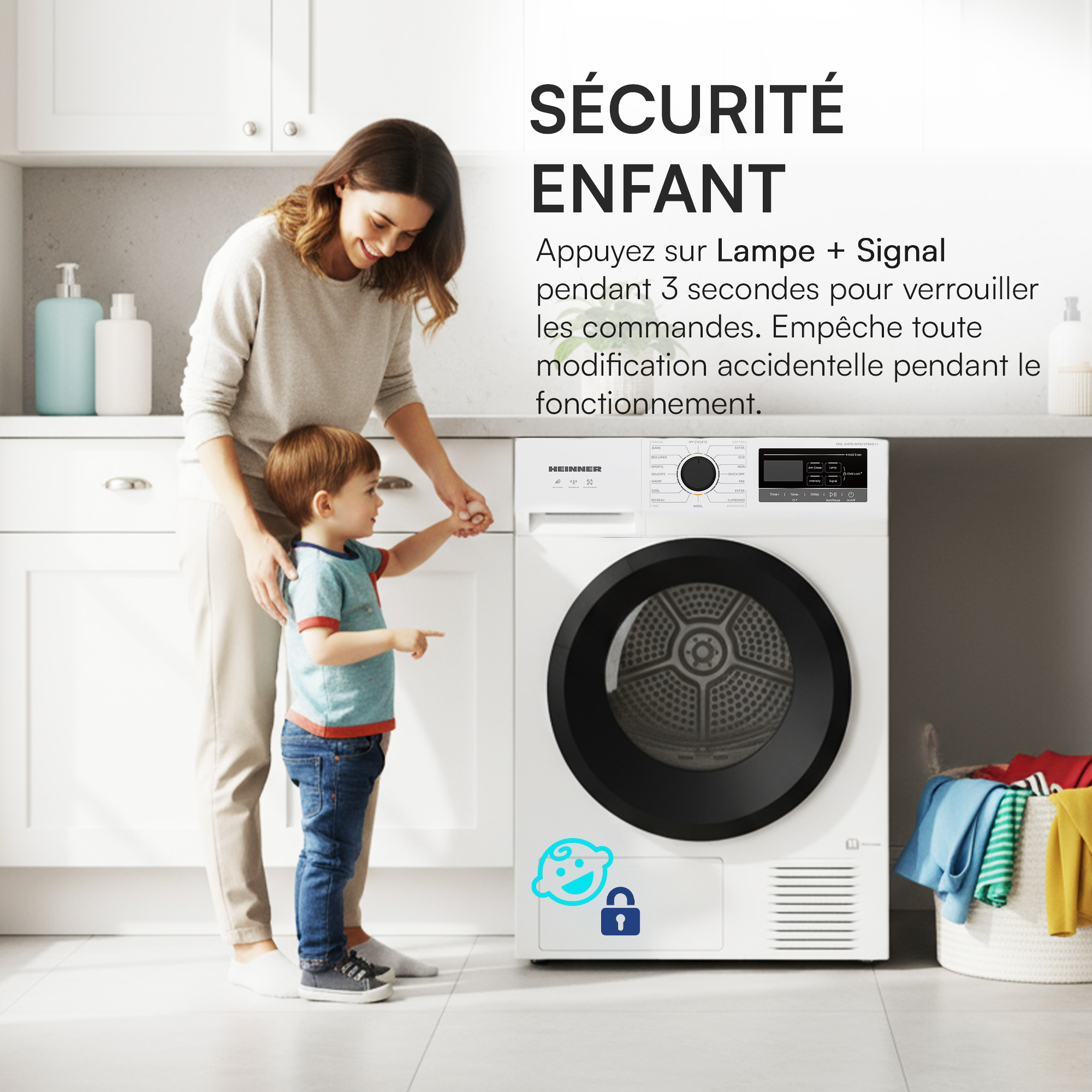 A woman and a child stand by a white dryer. The dryer has a child lock icon.