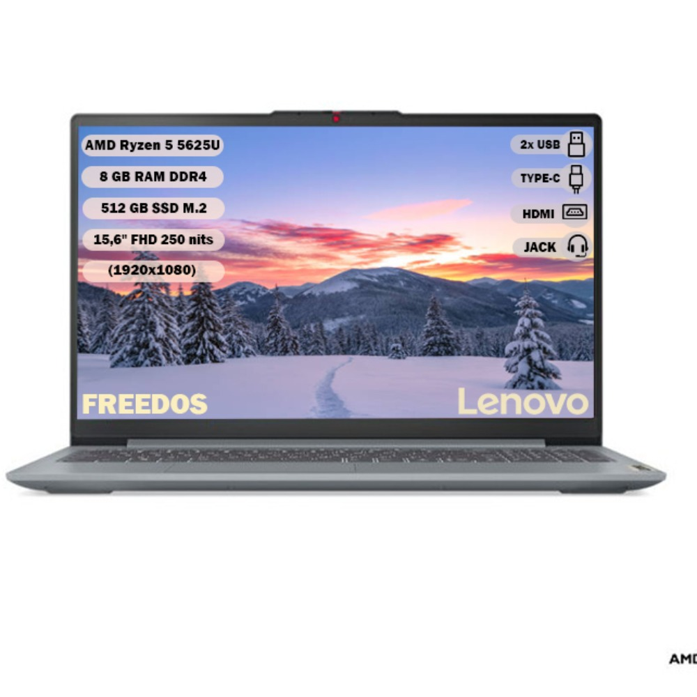 Bir Lenovo dizüstü bilgisayar, AMD Ryzen 5, 8 GB RAM, 512 GB SSD gibi özellikleri ve kış manzarasını gösteriyor.