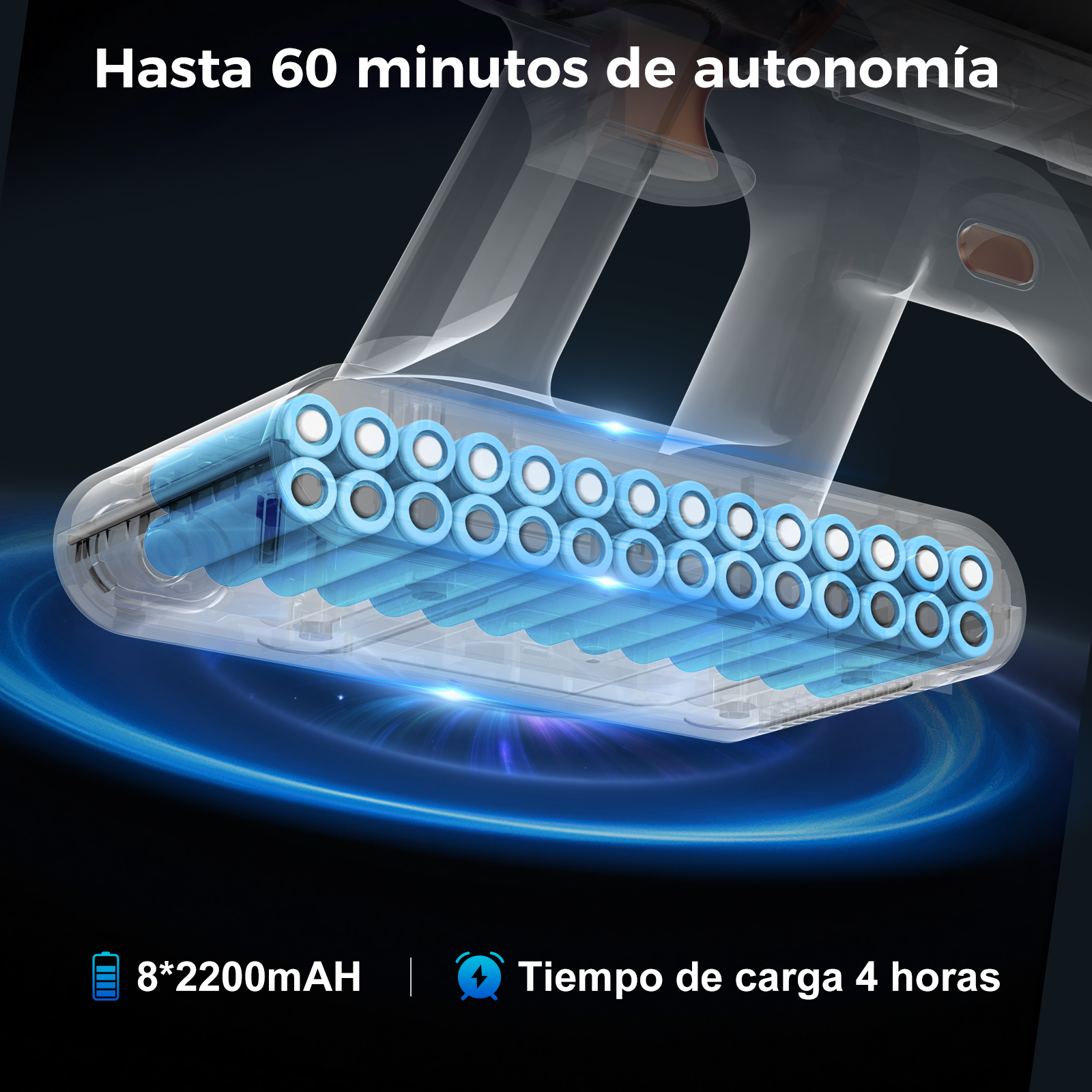 La imagen muestra una aspiradora con detalles de la batería. El texto dice 'Hasta 60 minutos de autonomía' y capacidad.
