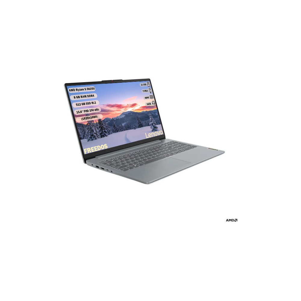 Dağ manzarası gösteren bir ekranı olan bir Lenovo dizüstü bilgisayar. Özellikler arasında AMD Ryzen 5, 8GB RAM, 512GB SSD, 15,6" FHD ekran bulunur.