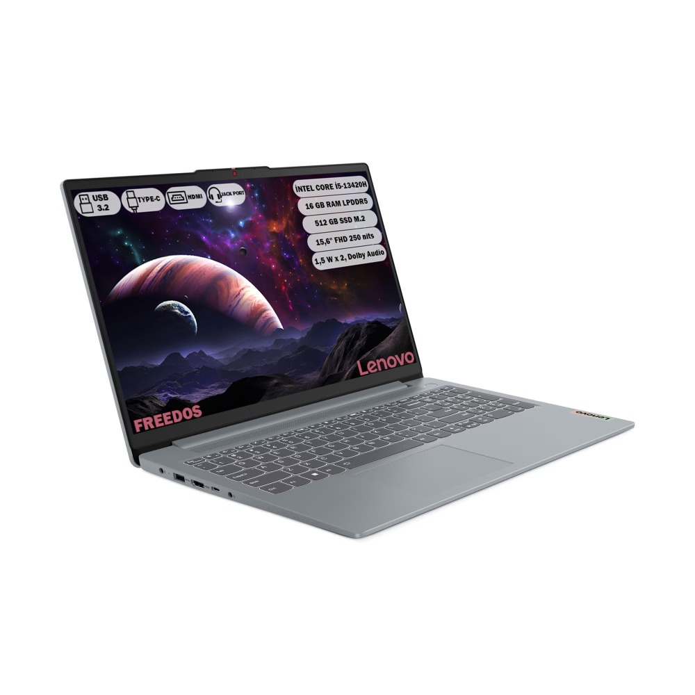 Bir Lenovo dizüstü bilgisayar görüntüleniyor. Ekran bir uzay sahnesi gösteriyor. Dizüstü bilgisayar, klavye ve çeşitli bağlantı noktalarıyla gri.