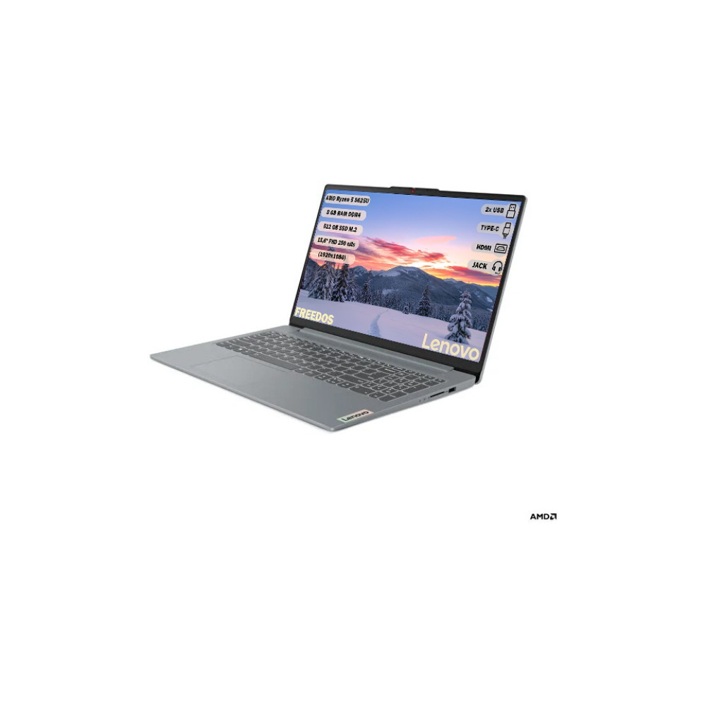 Bir Lenovo dizüstü bilgisayar açılı olarak görüntüleniyor. Ekran, karlı bir dağ sahnesi gösteriyor. Özellikler ekranın sol üstünde listeleniyor.