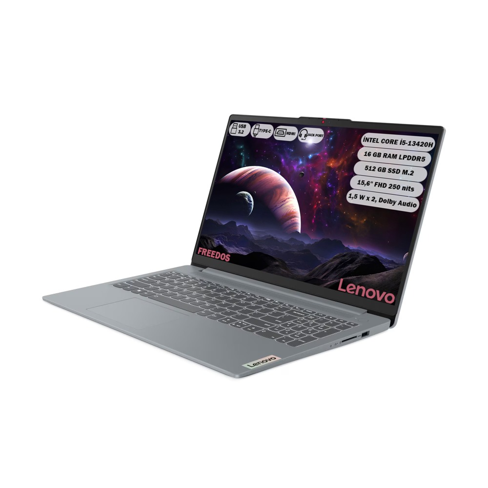 Beyaz zemin üzerinde bir Lenovo dizüstü bilgisayar görüntüleniyor. Ekran bir uzay sahnesi gösteriyor. Özellikler: Intel i5, 16GB RAM, 512GB SSD, 15,6" FHD.