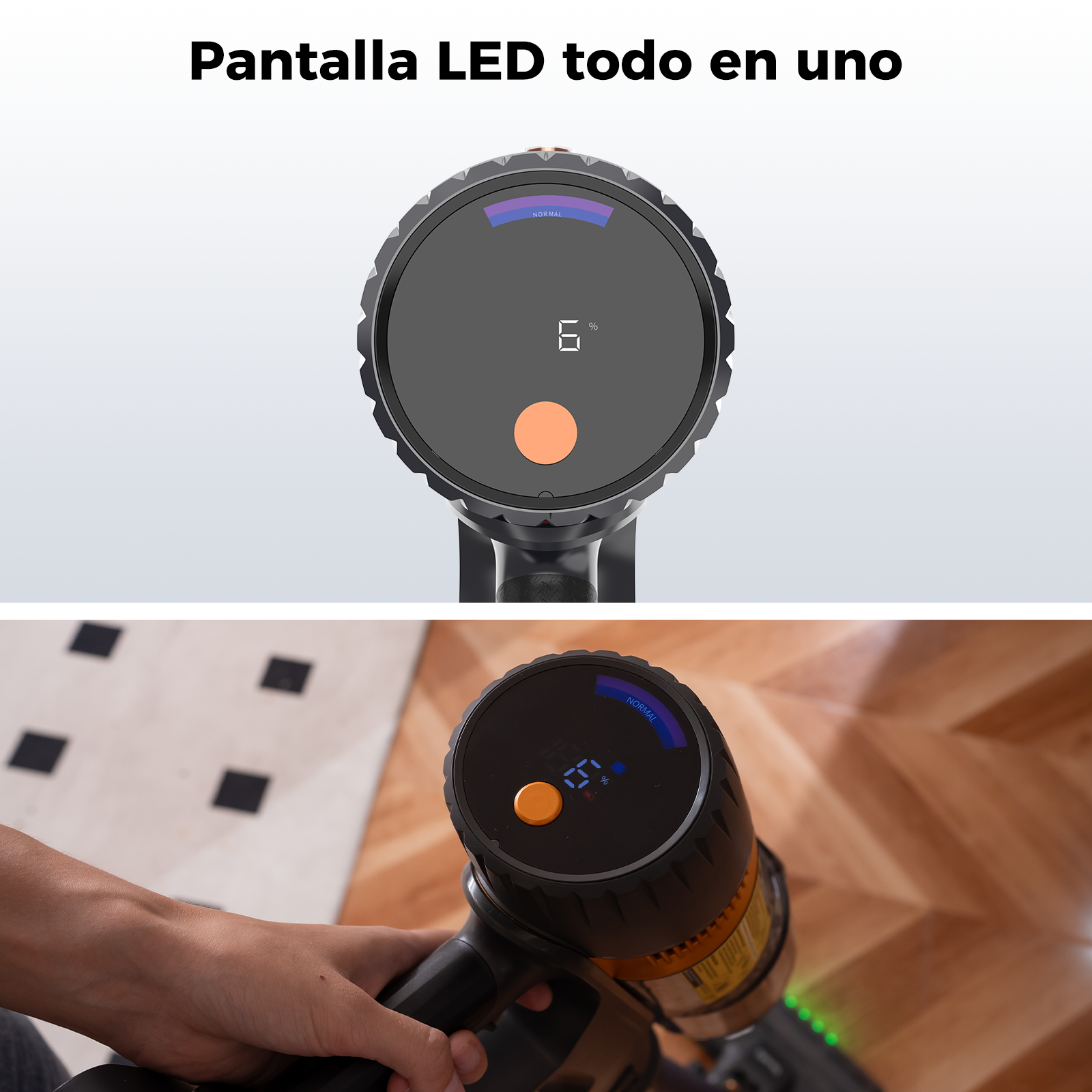 Una aspiradora de mano con una pantalla LCD que muestra un porcentaje. Una mano sostiene el dispositivo, con un suelo de madera a la vista.