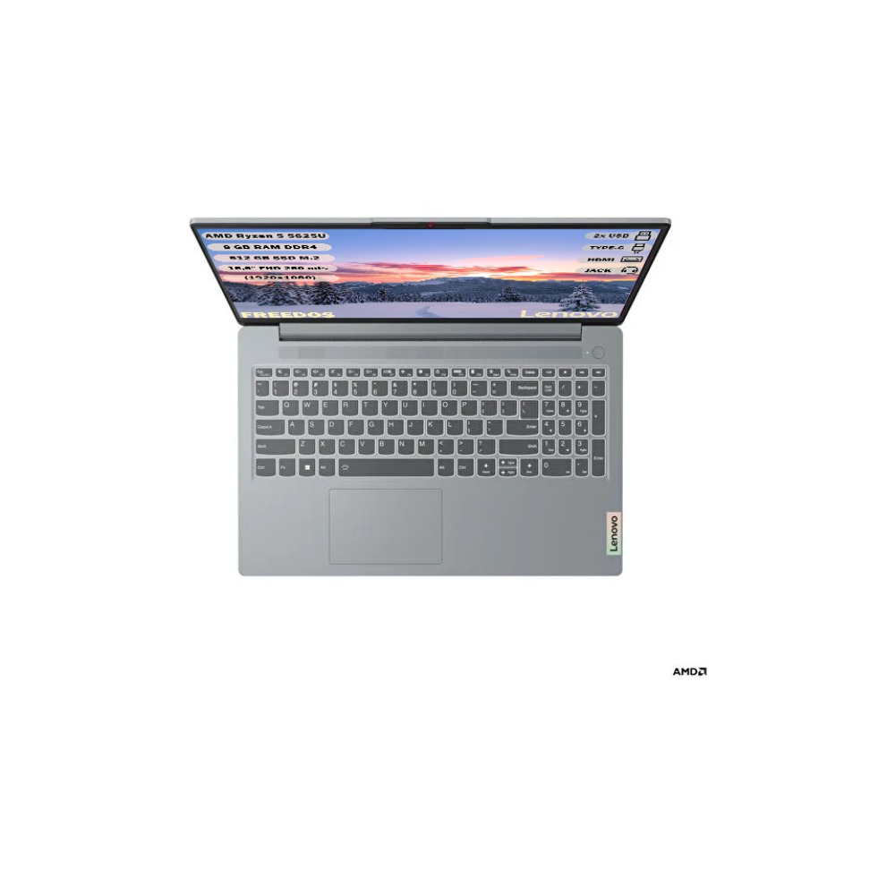 Bir Lenovo dizüstü bilgisayar açık, kış manzarası gösteriyor. Klavyesi görünür durumda, sağ altta AMD logosu var.