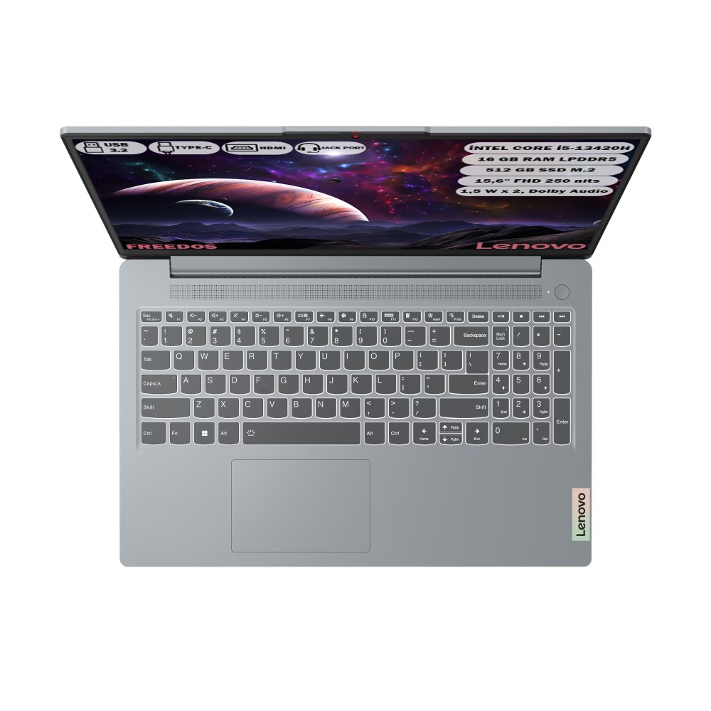 Bir Lenovo dizüstü bilgisayar açık, klavye ve ekran gösteriliyor. Ekran bir uzay sahnesi gösteriyor. Dizüstü gri renkli.